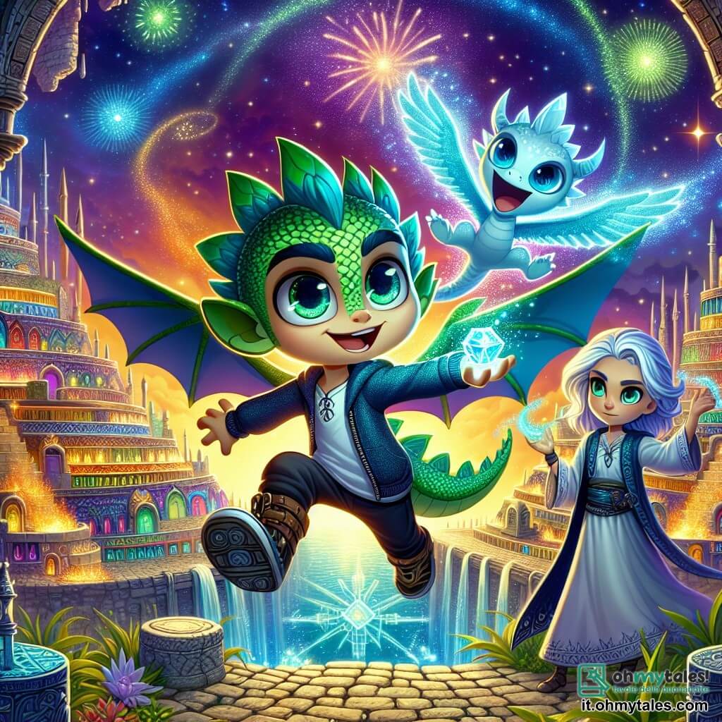 Al centro dell'immagine, un piccolo drago di nome Smeraldo, con squame verde smeraldo scintillanti e occhi dorati, vola con determinazione tenendo un cristallo luminoso tra le zampe. La sua espressione è sia coraggiosa che curiosa, mentre si libra sopra una città affascinante. A destra, Luce, una giovane donna dai capelli argentati e occhi vivaci, indossa una tunica blu e alza le braccia per creare un'illusione luminosa, con un volto concentrato. Si trova su un pavimento antico, circondata da edifici futuristici e piramidi antiche, simboli di un mix di epoche e culture. Il paesaggio è una città vibrante, dove strutture di vetro e metallo si mescolano a rovine antiche, sotto un cielo stellato punteggiato di nuvole luminose. Smeraldo sta fuggendo da una villa misteriosa, inseguito da uno stregone malvagio, mentre Luce usa i suoi poteri per proteggerlo, creando un campo di luce attorno a loro, simbolo dell'unione tra magia e tecnologia.