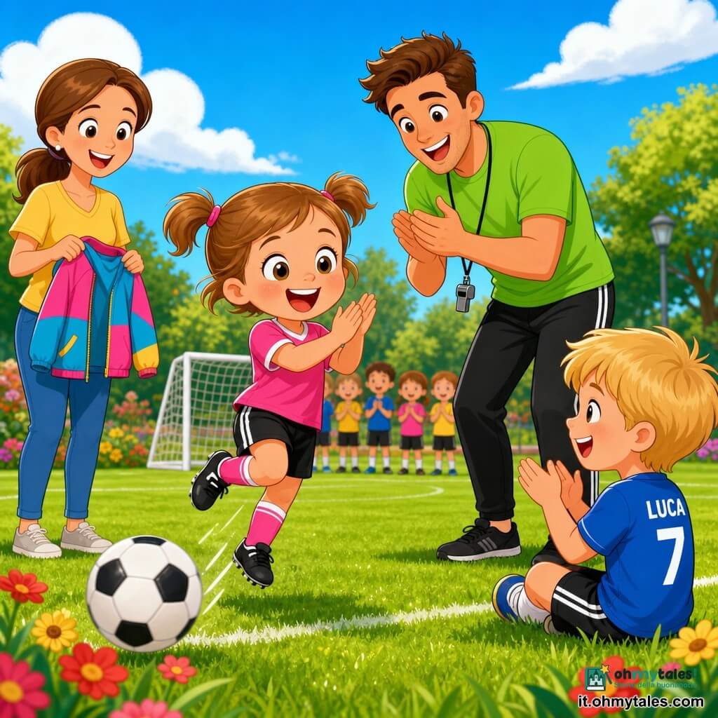 Una bambina di 4 anni, felicissima e radiosa, capelli castano chiaro in due piccole trecce, occhi nocciola, concentrata e giocosa, sta calciando con il piede destro una piccola palla da calcio bianca e nera e salta di gioia battendo le mani mentre l'allenatore trentenne dal volto dolce, in maglietta verde e con il fischietto al collo, applaude alle sue spalle; la madre, donna sorridente coi capelli castani raccolti, tiene una giacchetta colorata in secondo piano sul lato sinistro del campo; un bambino di circa 5 anni (Luca), biondo e seduto sull'erba a destra, sorride e applaude insieme ad altri bambini sfocati; il luogo è un piccolo parco soleggiato con prato verde, fiori rossi e gialli, un piccolo arco di metallo bianco e linee di campo appena visibili sotto un cielo azzurro con alcune nuvole, atmosfera colorata, allegra e dinamica.
