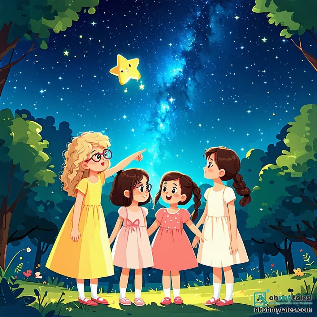 In een groene park onder een sterrenhemel staan vier meisjes samen, verwonderd. Lotte, een 10-jarig meisje met krullend blond haar en ronde bril, wijst naar een heldere ster. Naast haar kijkt Jasmijn, een 9-jarig meisje met glad bruin haar en een roze jurk, met grote ogen. Noor, een 10-jarig meisje met zwarte vlechten en een blauwe t-shirt, houdt een klein glinsterend voorwerp in haar handen. Tot slot observeert Emma, een 9-jarig meisje met een paardenstaart van rood haar en een stralende glimlach, een hologram van een buitenaardse wezen.

De locatie is een magisch park, gevuld met majestueuze bomen met glinsterende bladeren, en een zacht gras waar de meisjes zitten. De lucht is bezaaid met fonkelende sterren en een grote heldere maan verlicht de scène.

De hoofd situatie toont de meisjes gefascineerd door de verschijning van een groene buitenaardse genaamd Zippy, die vrolijk glimlacht. Hij zweeft iets boven de grond, omringd door een stralende aura, terwijl de meisjes, met glanzende ogen van verwondering, zich voorbereiden om hem vragen te stellen over zijn verre wereld.