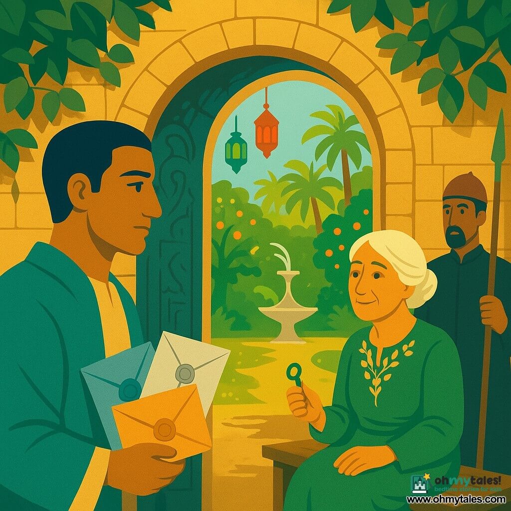 Adult man (Nadir), calm determined face, soft eyes, sun‑tanned, wearing a beige tunic and teal coat, pressing three sealed letters (blue, silver, amber) against an engraved arched stone door covered in vine; elderly woman (~70), kind gaze, white hair in a bun, green dress with gold embroidery, seated on a bench just inside the open door holding a small green glass key; wealthy man (Lord Badr, ~50), dark luxurious night‑colored robe, surprised hesitant expression, standing slightly back before the now‑ajar iron gate; two guards (~30), simple uniforms with resting spears, posted outside each side of the gate, curious but not hostile; setting: ancient vine‑covered stone wall with softly glowing engraved arch leading to a lush garden of palms and orange trees, a silver crescent fountain and hanging colored glass lamps; main action: Nadir presses the sealed letters to the door, the stone sparkles and parts to reveal the warm, densely foliaged inner garden, a silent atmosphere of wonder.