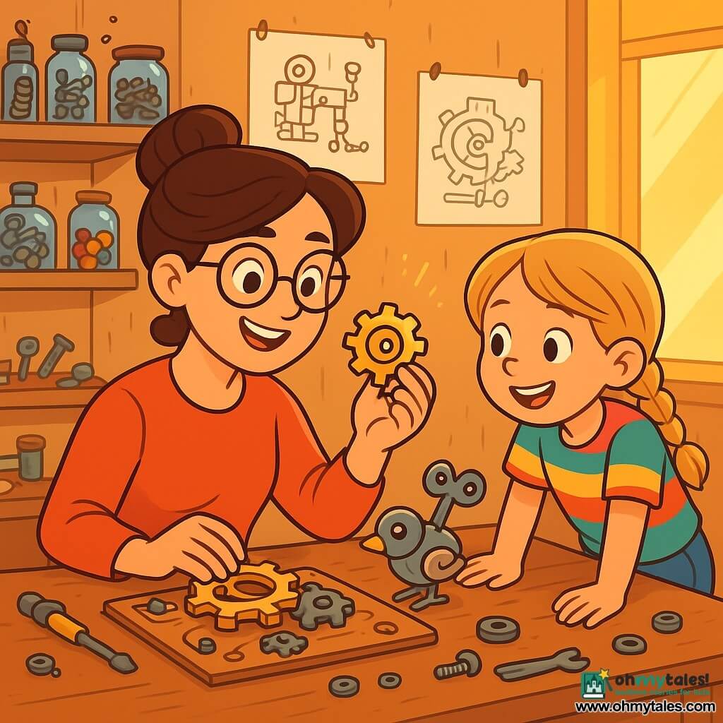 An inventor woman, Mira, is sitting at a large wooden desk, surrounded by various shiny tools and small mechanical parts. She has brown hair in a bun, round glasses, and a smile radiating curiosity and determination. She holds a small golden gear in her hand, her eyes sparkling with excitement. Next to her, a little girl, Mina, about 8 years old, watches in awe. She has blonde hair in braids, wears a colorful t-shirt and jeans. She leans over the desk, her hands resting on the wood, ready to help her older friend. The setting is a bright workshop, with shelves filled with jars of screws, springs, and colorful buttons. Machine sketches hang on the walls, and soft golden light filters through a window, illuminating the creative mess. The main scene shows Mira and Mina working together on a mechanical puzzle game. Shiny gears and levers are scattered across the table, and a small metal bird awaits repair. The atmosphere is joyful and energetic, illustrating the joy of invention and collaboration.