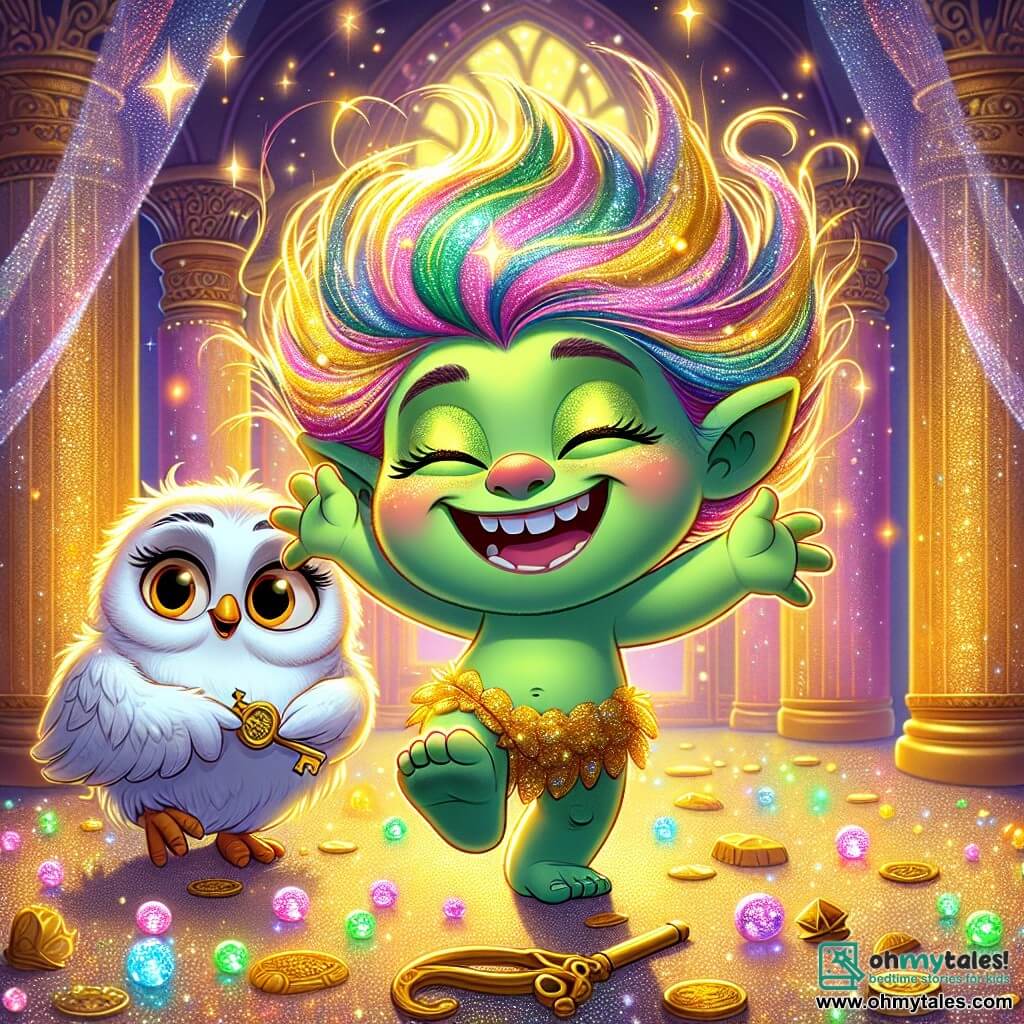 In the center of the image, Tilly, a joyful troll with sparkling green skin, star-like bright eyes, and messy rainbow-colored hair, dances enthusiastically. Her warm smile lights up her face, and she holds a beautiful golden key that glimmers in the light. Next to her, Luna, a wise owl with white and golden feathers, perched on a shining stone, observes with an encouraging gaze. Her round, mischievous eyes seem full of wisdom, ready to offer advice to Tilly. The setting is the Great Hall of the Sparkling Cave, where the walls shimmer like diamonds and colorful lights dance around them. Sparkling treasures are scattered on the floor, creating a magical and fairy-tale atmosphere. The main scene shows Tilly, full of determination and joy, celebrating her victory after retrieving the magical key, while the golden light from the key illuminates the room, symbolizing hope and protection for the Sanctuary of Dreams.