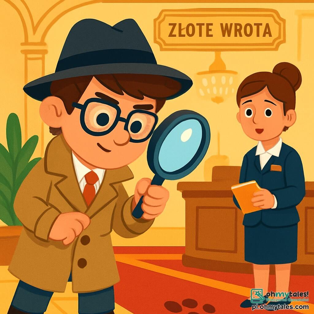 Detektyw Janek stoi w centrum obrazu, z determinowanym i ciekawym spojrzeniem. Ma beżowy płaszcz, czarny kapelusz i okulary, które nadają mu inteligentny wygląd. Jego brązowe włosy są lekko potargane, a w prawej ręce trzyma lupę, badając odcisk łapy na podłodze. Obok niego znajduje się Maria, recepcjonistka w średnim wieku, mająca około 40 lat. Ma brązowe włosy związane w kok i nosi uniform recepcjonistki. Patrzy na Janeka z wyrazem niepokoju, trzymając notatnik w lewej ręce. W tle widać hall hotelu "Złote Wrota", eleganckiego z ozdobnymi złoceniami i dużym, błyszczącym żyrandolem. Czerwone, puszyste dywany pokrywają podłogę, a zielone rośliny dekorują kąty. Janek starannie bada podłogę, podczas gdy Maria lekko pochyla się do przodu, zaintrygowana tym, co odkrywa. Atmosfera jest tajemnicza i intrygująca, z nutą przygody.