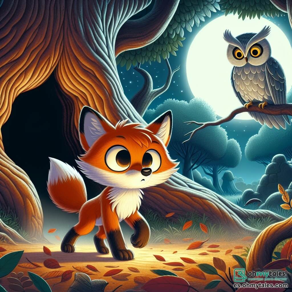 Un pequeño zorro llamado Zuri, con un pelaje naranja brillante y ojos llenos de curiosidad, se encuentra valientemente frente a un árbol antiguo, con las orejas erguidas y una expresión decidida, listo para enfrentar sus miedos. A su lado, una sabia lechuza de plumas grises y grandes ojos redondos, posada en una rama, observa con expresión preocupada, con las alas ligeramente desplegadas como si estuviera lista para volar al rescate de Zuri. El lugar es un claro misterioso, bañado por la luz de la luna, rodeado de grandes árboles de troncos nudosos, cuyas ramas torcidas forman sombras inquietantes sobre el suelo cubierto de hojas muertas. La escena principal muestra a Zuri avanzando hacia una abertura oscura en el tronco del árbol, mientras una ligera bruma se eleva a su alrededor, creando una atmósfera a la vez aterradora y mágica, simbolizando el desafío que está a punto de afrontar.