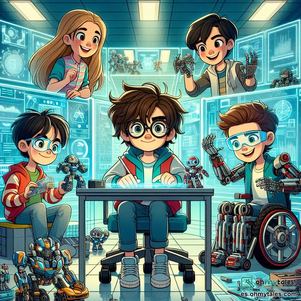 En un laboratorio futurista, Tomás, un chico de 11 años con cabello castaño desordenado y gafas redondas, está en el centro, concentrado, programando un robot. A su derecha, Valeria, una niña de 11 años con cabello largo y rubio, lleva una camiseta colorida y sonríe, sosteniendo piezas de robot en sus manos. A la izquierda, Javier, un chico de 11 años con cabello negro y gafas de protección, se inclina sobre una mesa, ensamblando componentes electrónicos con entusiasmo. Finalmente, Lucas, un chico de 11 años con cabello castaño, está sentado en una silla de ruedas futurista que puede transformarse en vehículo, observando atentamente el trabajo de sus amigos con una sonrisa alentadora. El laboratorio está lleno de paredes de vidrio transparente, mostrando pantallas holográficas con datos tecnológicos. Estantes cargados de gadgets brillantes y robots en construcción, mientras luces de neón coloridas iluminan el espacio, creando una atmósfera dinámica e inspiradora. La escena principal muestra a los cuatro amigos colaborando entusiastamente para crear un robot capaz de analizar un sistema de energía, rodeados de herramientas futuristas y piezas brillantes, ilustrando el trabajo en equipo y la innovación en un mundo futurista.