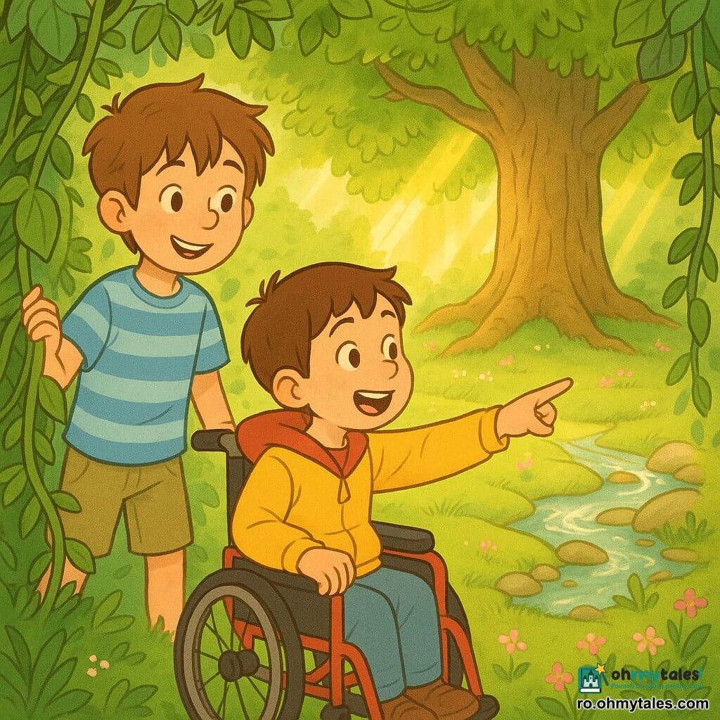Sunt doi băieți, aproximativ 8 ani: Andrei, păr șaten deschis ciufulit, ochi vioi, tricou în dungi albastre și șort kaki, stă în picioare în stânga, zâmbind și îndepărtând ușor liane verzi cu mâna dreaptă; Matei, păr brun scurt, față rotundă și expresivă, jachetă galbenă, așezat într-un mic scaun cu rotile roșu în dreapta, privește poiana cu entuziasm și arată cu degetul înainte; locul este o poiană secretă din spatele lianelor, cu sol acoperit de mușchi verde moale, flori sălbatice roz și albe, un pârâu strălucitor șerpuind pe pietre netede și un stejar bătrân, cu trunchi gros și rădăcini vizibile, lumină solară filtrată în raze aurii prin frunziș; situația: cei doi mici aventurieri tocmai au îndepărtat lianele și descoperă poiana, scenă de descoperire plină de uimire și bucurie, atmosferă caldă și liniștită, culori pastelate saturate, contururi moi și detalii texturate.
