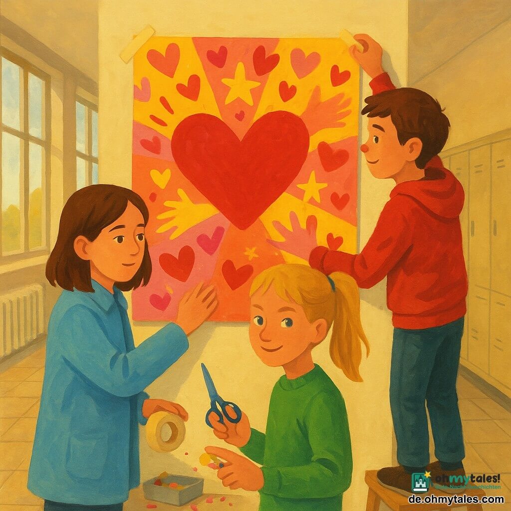 Drei Kinder: Mira, 11, mittellange braune Haare, hellblauer Mantel, ruhig und konzentriert, klebt einen bunten Eckteil eines großen Posters an die Wand (links-mittig); Leni, 11, blonde Pferdeschwanz, greller grüner Pullover, schelmischer Blick, hält eine dicke Rolle Klebeband und eine Schere (leicht rechts vorn); Benni, 12, kurz kastanienbraunes Haar, roter Sweatshirt, roter Farbfleck auf der Nase, steht auf einem kleinen Tritt, glättet die obere Partie des Posters (rechts, etwas erhöht). Schauplatz: langer Schulflur mit cremefarbenen Wänden, beigem Fliesenboden, großen Fenstern links mit warmem Spätnachmittagslicht, niedrigen Schließfächern rechts; am Boden Farbflecken und eine offene Materialbox. Szene: die drei hängen ein farbexplosives Valentinstagsposter (Rot-, Rosa-, Gelbtöne) mit Herzen, gezeichneten Händen, Sternen und glitzerndem Klebeband an, ruhig präzise Gesten, warme kooperative Atmosphäre, dynamische Komposition, dezente Lächeln und Farbflecken an den Fingern.