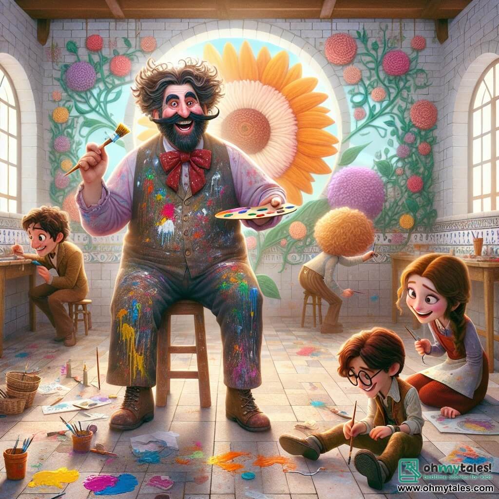 A man, Mr. Malachite, stands at the center of the scene with bushy eyebrows and messy curly hair splattered with colorful paint. His face radiates joy and enthusiasm as he paints a beautiful mural on the wall of a bakery. He wears a paint-splattered smock and holds a brush in one hand, adding details to a giant flower. To his right, a little girl named Lily, about 8 years old with long brown hair in pigtails, is focused on her drawing, crouched down with a small brush, adding touches of pink and purple to a fairy she painted. To his left, a boy named Oliver, 9 years old with round glasses and a bright smile, watches curiously, holding a brush in one hand and a palette in the other. The charming bakery, "The Doughy Delight," features an old brick wall decorated with paper flower garlands and delicious pastries visible through the window. The sun shines, illuminating the colorful mural coming to life with giant flowers and playful fairies. The main scene shows Mr. Malachite and the children painting together, laughing and sharing their creativity, transforming the bakery wall into a vibrant and magical work of art, symbolizing friendship and imagination.