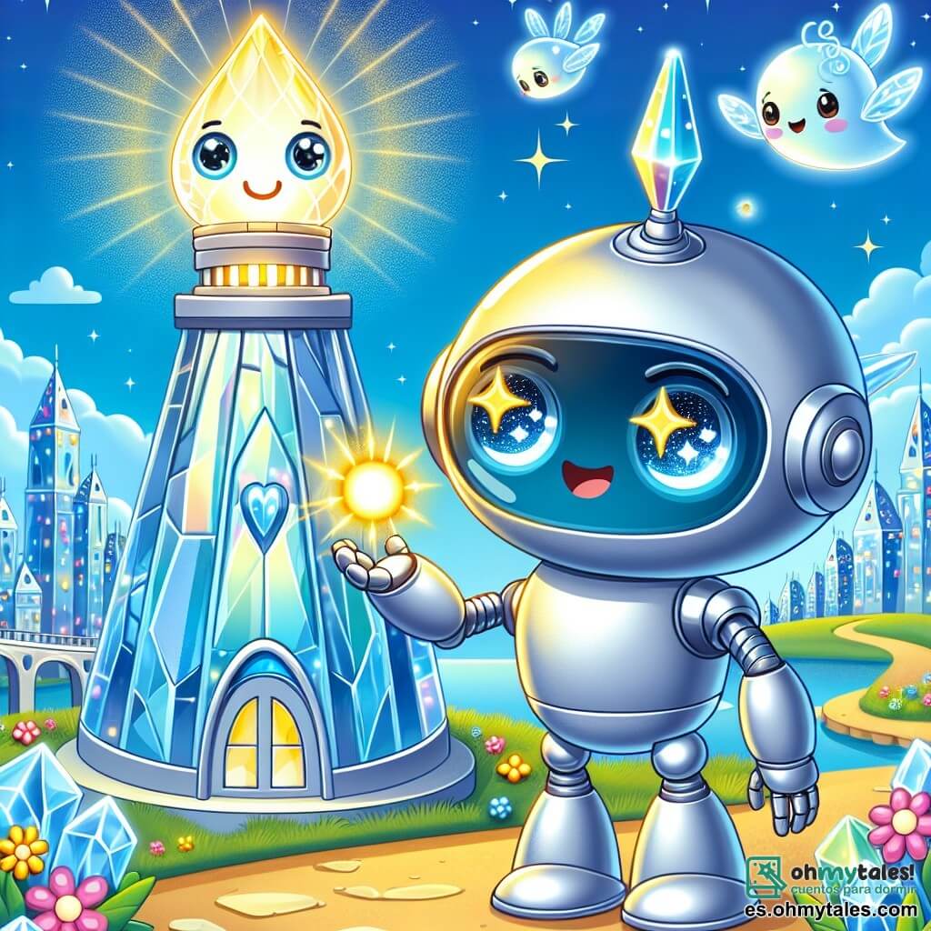 Un pequeño robot de ojos brillantes y estrellados, con un cuerpo de metal plateado y brazos articulados, observa con curiosidad un gran faro de cristal que brilla bajo el sol. Parece decidido y alegre, listo para resolver un misterio. A su lado, una luz suave toma forma, representando un espíritu luminoso con alas translúcidas, que sonríe cálidamente y ilumina el camino. Flota ligeramente sobre el suelo, llena de gratitud y esperanza, animando al pequeño robot. El escenario es una ciudad futurista llamada Cristalina, donde las casas transparentes de vidrio brillan como diamantes y coches voladores se deslizan en un cielo azul. Flores coloridas y luminosas bordean las calles, añadiendo un toque de magia al entorno. La situación principal muestra al pequeño robot y al espíritu luminoso unidos en su búsqueda para reparar la luz del faro, simbolizando la amistad y la colaboración en un mundo lleno de maravillas.
