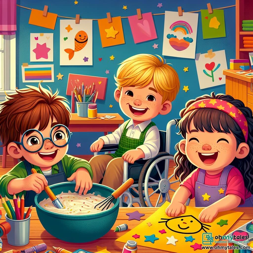 In a colorful classroom, three children are actively engaged. On the left, **Billy**, an 8-year-old boy with messy brown hair and round glasses, holds a large piece of yellow paper on which he is drawing a smiling fish. In the center, **Sam**, a 7-year-old boy with blonde hair and a bright smile, is sitting in his wheelchair, mixing ingredients in a large bowl. On the right, **Lucy**, a 6-year-old girl with long curly hair and a pink t-shirt, decorates a cardboard with stars and hearts while happily looking at Sam. 

The classroom is filled with bright colors, with children's drawings hanging on the walls and wooden tables cluttered with art supplies like crayons, stickers, and glitter glue. 

The scene shows the children working together to prepare a special surprise for Father's Day, filled with excitement and creativity, with laughter and radiant smiles on their faces.