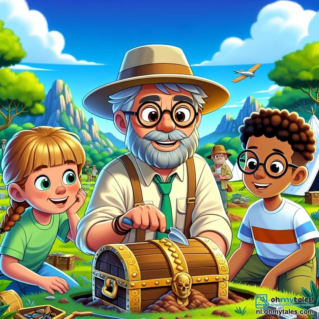 Een man, professor Max, staat in het midden van de afbeelding, met ronde bril en een grijs baardje. Hij draagt een beige shirt en een strohoed, met een verwonderde uitdrukking terwijl hij een oude kist ontdekt die in de grond is begraven. Naast hem staat een meisje van ongeveer 10 jaar met bruin gevlochten haar en een groene t-shirt, die nieuwsgierig kijkt en een klein penseel vasthoudt. Een jongen van 8 jaar met een bril en een blauwe t-shirt zit naast de kist en maakt voorzichtig de aarde eromheen schoon met een klein gereedschap. De locatie is een uitgestrekte archeologische site in China, omgeven door groene heuvels en grote bomen, met witte tenten en verspreid liggend gereedschap op de grond. Op de achtergrond zijn majestueuze bergen zichtbaar onder een stralende blauwe lucht. De hoofdscène toont professor Max en de kinderen in volle ontdekking, met kloppende harten van opwinding, terwijl ze de kist openen om oude schatten te onthullen, verlicht door het zonlicht.