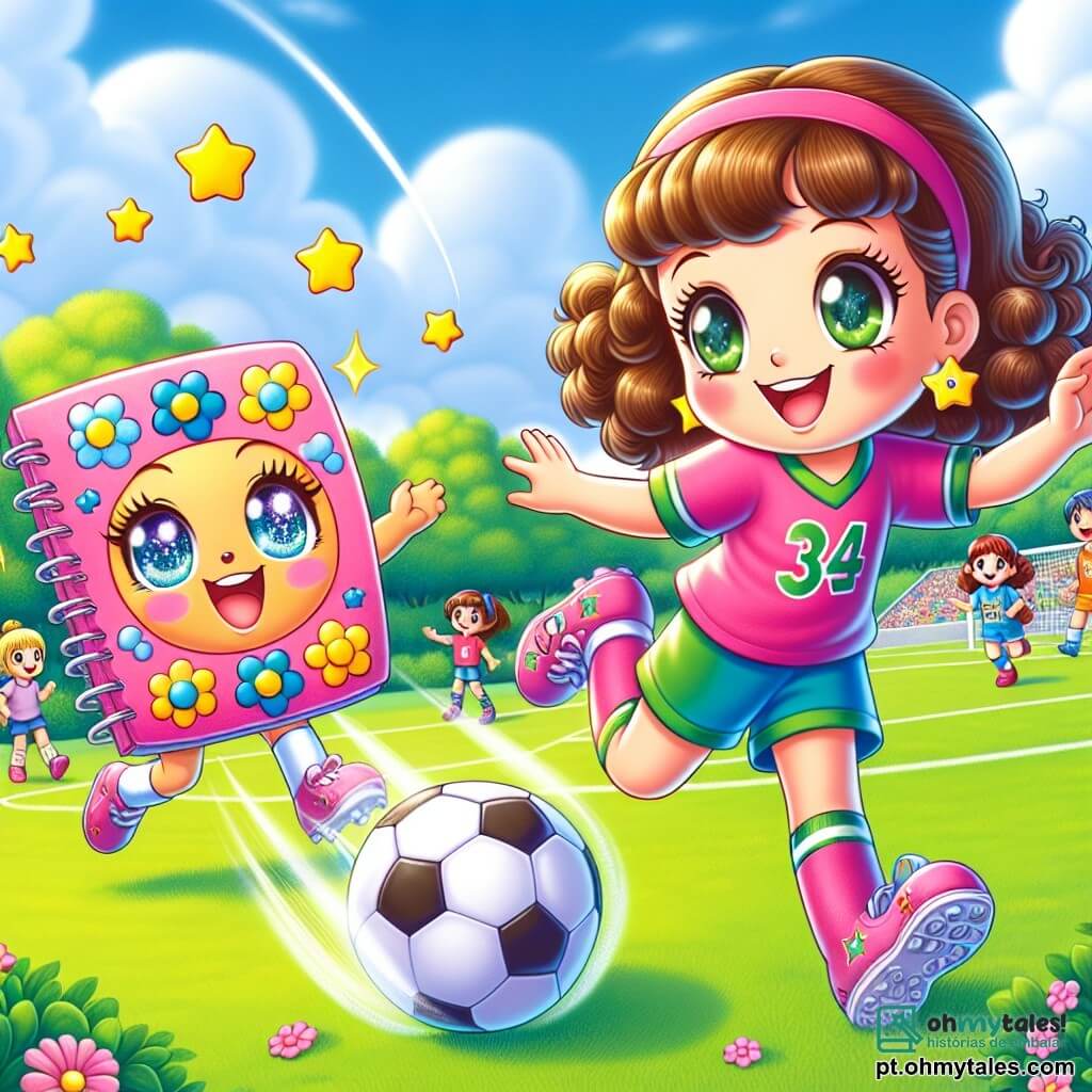 No centro da imagem, Ana, uma jovem de cabelos castanhos e cacheados, usa uma camisa de futebol rosa e um short azul. Ela sorri amplamente, cheia de alegria e confiança, enquanto dribla uma bola de futebol em um campo verdejante. À sua direita, Lili, um caderno colorido com padrões de flores e estrelas brilhantes, flutua alegremente no ar, expressando seu entusiasmo com olhos brilhantes. Ela parece incentivar Ana com balões de diálogo coloridos dizendo: "Vai, Ana! Mostre a eles do que você é capaz!" O campo de futebol é cercado por espectadores, crianças de todas as idades, que aplaudem e torcem pelos jogadores. Ao fundo, há um céu azul claro com algumas nuvens brancas e árvores verdes ao redor do campo. A cena principal mostra Ana em ação, driblando a bola com determinação, pronta para marcar um gol, enquanto Lili a encoraja, simbolizando a igualdade de gêneros e a solidariedade entre meninas e meninos.