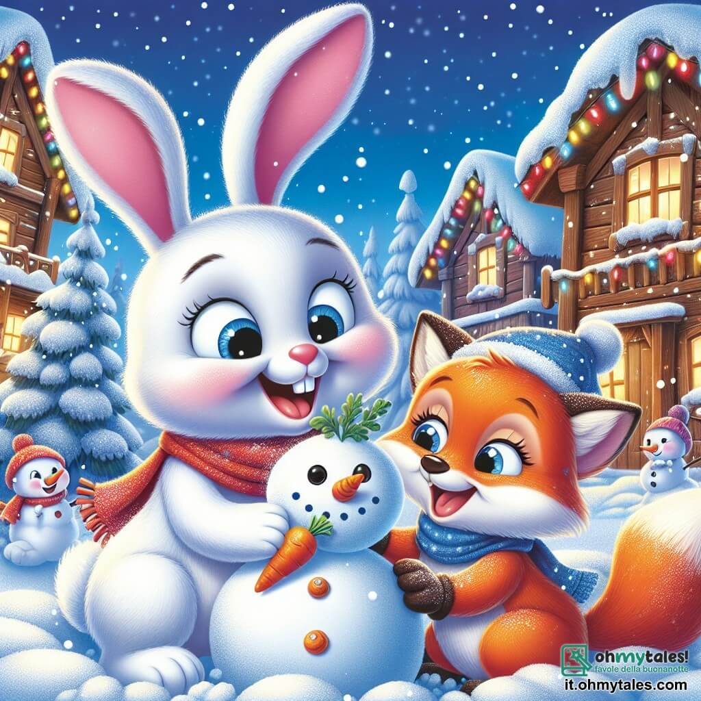 Un coniglio bianco di nome Bianchino, con grandi occhi blu, sorride mentre costruisce un pupazzo di neve. Accanto a lui c'è Rosina, una volpe arancione che tiene in mano una carota. La scena si svolge in un villaggio incantato, con case di legno decorate e un cielo blu, mentre fiocchi di neve cadono dolcemente. I due amici si divertono insieme in un'atmosfera festosa.