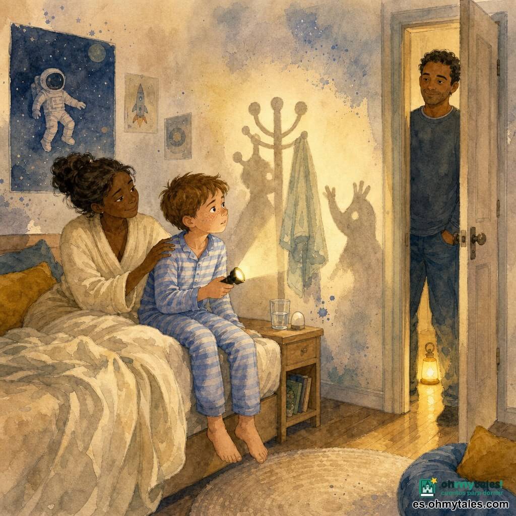 Un niño de 10 años, rostro redondo y pecas, expresión ansiosa pero resuelta, respira despacio sentado en la cama sosteniendo una pequeña linterna; piel clara, pelo castaño corto, pijama de rayas azules, piernas colgando y mirada hacia la puerta entreabierta. Su madre (≈34 años) está sentada al borde de la cama con sonrisa suave, pelo castaño recogido, mano en el hombro del niño y bata color crema; su padre (≈37 años) permanece en el marco del pasillo, tranquilo, con vaqueros y sudadera, mirada amable y una luz nocturna al fondo del pasillo. La habitación es pequeña y acogedora: mantas de lino crudo arrugadas, cojines coloridos, mesita de noche de madera clara con un vaso de agua y pósteres de astronautas. El pasillo visible tiene una pequeña lámpara amarillenta en el suelo que crea un resplandor tipo luciérnaga y largas sombras suaves sobre el parquet. La escena principal muestra al niño usando la linterna para nombrar objetos; la luz alumbra un perchero y una toalla que proyectan sombras amistosas en la pared. Paleta acuarela suave en tonos pastel (azul polvo, crema, amarillo cálido) con salpicaduras controladas alrededor de las sombras para sugerir imaginación sin miedo.