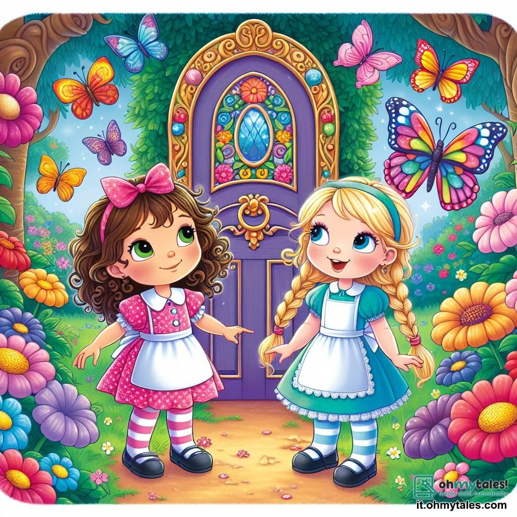 Due bambine, Alice e Mina, di due anni, si trovano davanti a una porta magica. Alice, con i capelli ricci castani e un vestito rosa a pois, guarda meravigliata la porta. Mina, con i capelli biondi intrecciati e un vestito blu, sorride indicando una farfalla colorata che vola vicino a loro. Lo sfondo è un giardino incantato, pieno di fiori giganti dai colori vivaci, grandi alberi con tronchi nodosi e farfalle multicolori che danzano nell'aria. La porta magica, decorata con motivi scintillanti, sembra brillare sotto il sole. Le due amiche sono pronte ad aprire la porta per entrare in un mondo fantastico, dove l'avventura le aspetta.