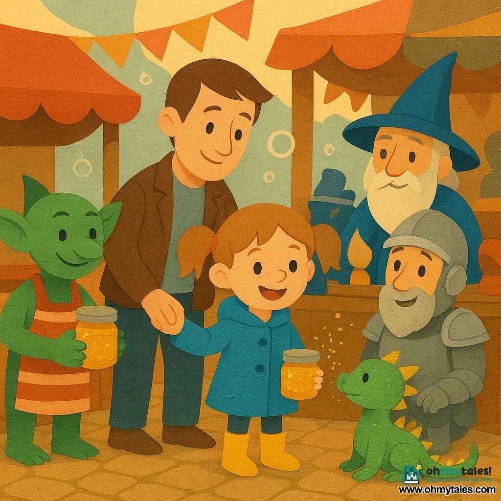 A joyful, confident 4-year-old girl with light brown pigtails, shiny yellow boots and a blue coat holds a jar of glitter jam and smiles at a cat-sized dragon with sparkling scales and curious eyes that sneezes glitter dust. Her father in a simple suit stands slightly behind her to the left holding her hand and smiling tenderly. An elderly wizard (about 60) with a long white beard and a blue pointed hat sits behind a hat stall to the right, touching a heroic hat with an amused eyebrow. A small green goblin vendor in a striped apron offers the glitter jam from a stall at the front left. A somewhat rickety knight (about 30) in shiny armor stands nearby relieved, holding a feather pulled from his helmet. The cozy market crossroads has colorful fabric stalls, paper garlands and warm paved ground; the scene shows care and warmth as the dragon stops sneezing when the knight removes the feather and everyone smiles, creating a sweet, humorous atmosphere.