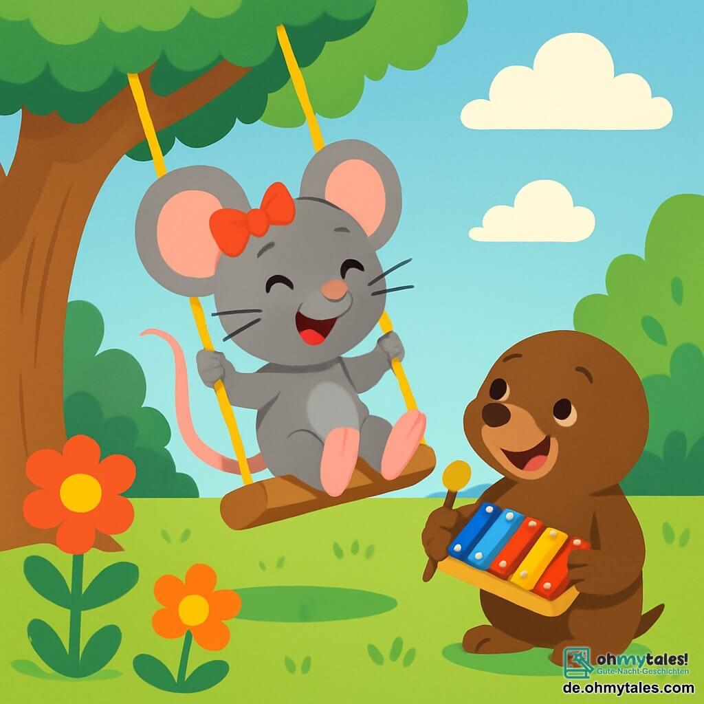 Molly, eine kleine graue Maus mit großen runden Ohren, spielt fröhlich auf einer Schaukel. Sie hat ein strahlendes Lächeln und ihre Augen funkeln vor Glück. Ihr Fell ist weich und flauschig, und sie trägt eine kleine rote Schleife auf dem Kopf. Neben ihr schaut Leo, ein kleiner Maulwurf mit braunem Fell und dicken Pfoten, bewundernd zu. Er hat ein schüchternes Lächeln und seine Augen strahlen vor Freude. Leo hält ein Glockenspiel in der Hand, bereit zu spielen, und steht direkt unter der Schaukel und hört aufmerksam zu. Der Ort ist ein sonniger Garten, gefüllt mit bunten Blumen und grünen Bäumen. Der Himmel ist blau mit einigen weißen, flauschigen Wolken, und der Boden ist mit weichem, grünem Gras bedeckt. Die Hauptsituation zeigt Molly, die sich auf der Schaukel amüsiert, während Leo mit seinem Glockenspiel sie lachend anfeuert. Zusammen teilen sie einen Moment der Freude und Freundschaft, der die Schönheit ihrer Verbindung trotz ihrer Unterschiede veranschaulicht.