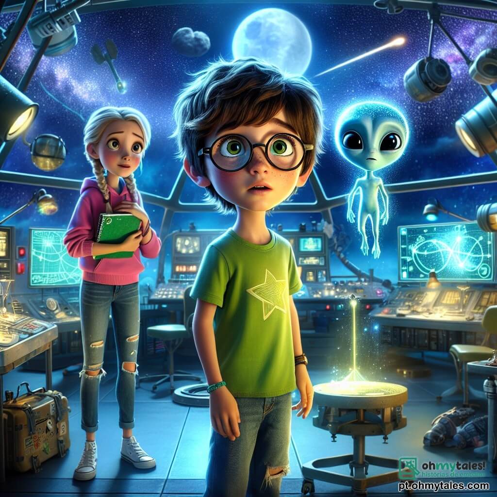 Um garoto de 12 anos, Lucas, com cabelos castanhos bagunçados e óculos redondos, observa com olhos arregalados e maravilhados um pequeno extraterrestre azul flutuando à sua frente. Lucas usa uma camiseta verde vibrante e um jeans rasgado, e está em pé em um laboratório cheio de telescópios e telas brilhantes. Ao seu lado, uma menina de 12 anos, Emma, com cabelos loiros trançados e um sorriso curioso, segura um caderno de anotações e observa atentamente o extraterrestre. Ela veste um moletom rosa e tênis brancos. O laboratório está repleto de mapas do céu, meteoritos cintilantes e máquinas futuristas, com luzes piscando e painéis exibindo dados sobre as estrelas. Ao fundo, janelas deixam entrar a luz da lua, iluminando o ambiente com um brilho suave e misterioso. A cena principal mostra Lucas e Emma conversando com Zil, o extraterrestre, que parece preocupado, mas também intrigado, flutuando acima de uma mesa onde estão instrumentos científicos. Eles trocam ideias para consertar a nave de Zil, criando uma atmosfera de empolgação e aventura.