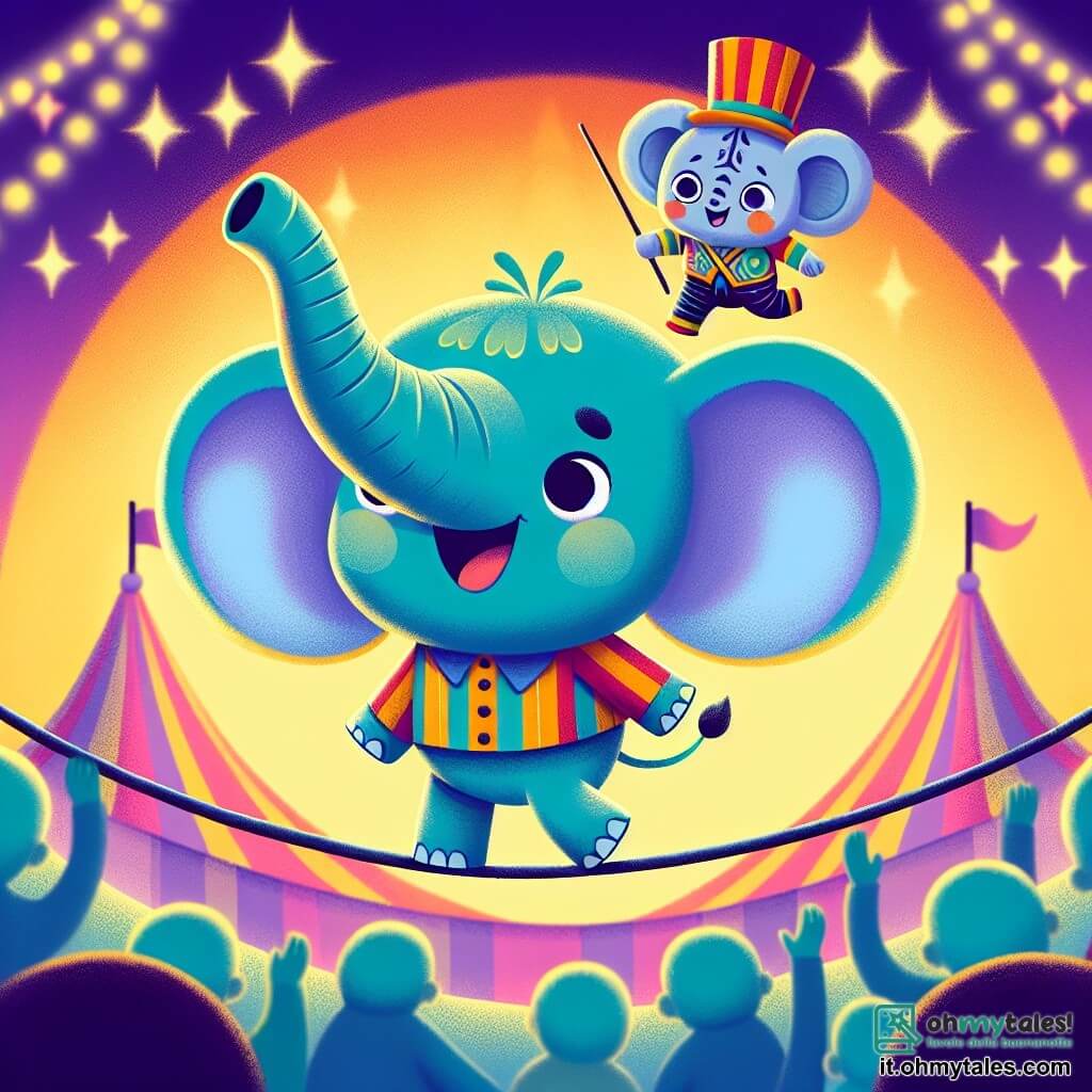 Un piccolo elefante dalle grandi orecchie e dal sorriso splendente, con la pelle grigia e gli occhi scintillanti di gioia, sta camminando cautamente su una corda tesa, apparendo sia eccitato che un po' nervoso. Accanto a lui, un funambolo umano, alto e magro, con un cappello a cilindro colorato e un costume a righe, sorride incoraggiante, tenendo un'asta per sostenerlo, mostrando un'espressione di orgoglio e amicizia. La scena si svolge sotto un grande tendone da circo, pieno di luci scintillanti e colori vivaci, con spettatori meravigliati che applaudono attorno alla pista. Al centro dell'illustrazione, il piccolo elefante e il funambolo sono in piena performance, l'elefante avanza con cautela sulla corda, mentre il funambolo lo incoraggia con entusiasmo, creando un'atmosfera di magia e gioia.