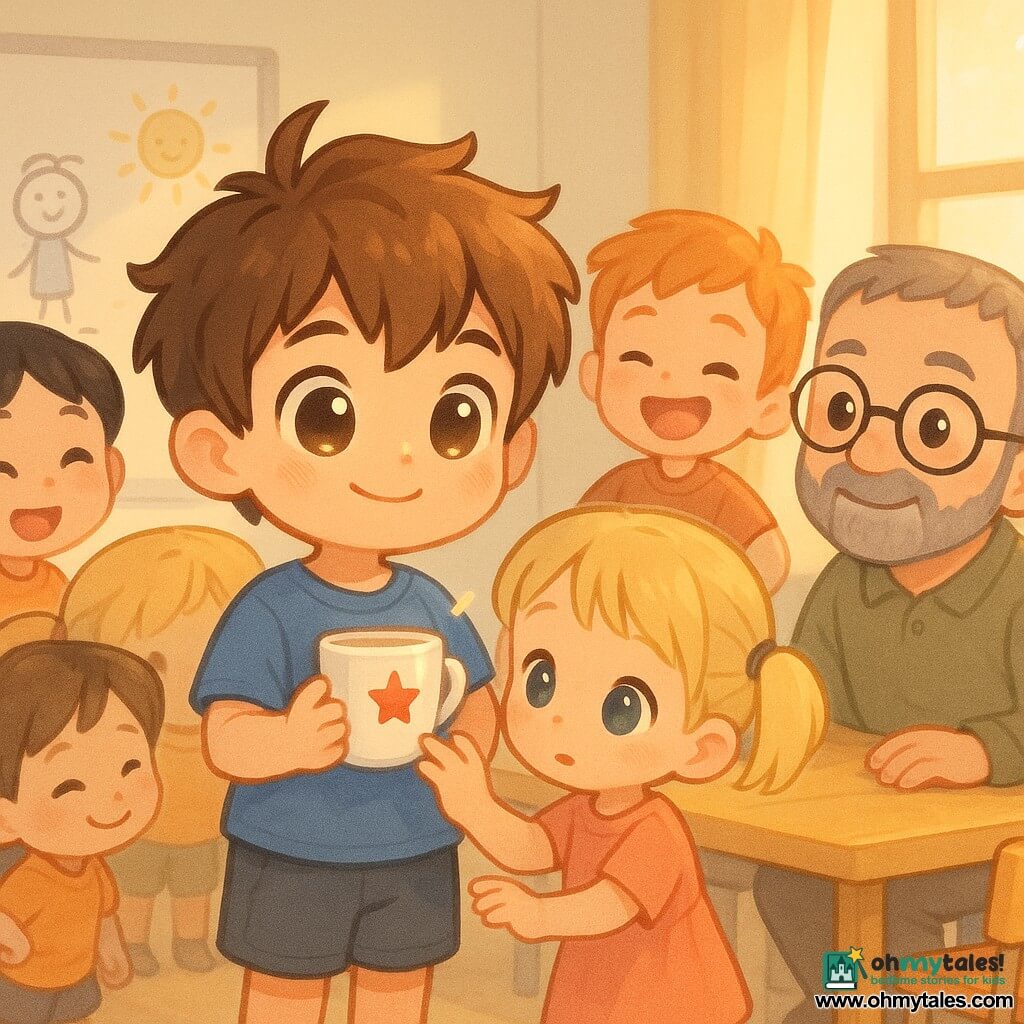 An 8-year-old boy with bright eyes and messy brown hair smiles proudly, holding a white cup with a tiny red star to his chest; Emma, about 6, with blond pigtails looks relieved and reaches for the cup; Mr. Green, around 40, with short gray stubble and round glasses sits at the table with a warm expression and his hand on the table; Mia, about 7, with tied black hair watches admiringly from behind, and Ben, about 7 with red hair, stands nearby laughing; the bright school meeting room has a light wood table, low colorful chairs, a whiteboard and a high window showing a cup print and liquid ring, and golden light bathes the joyful, resolved moment with the red star clearly visible on the cup.