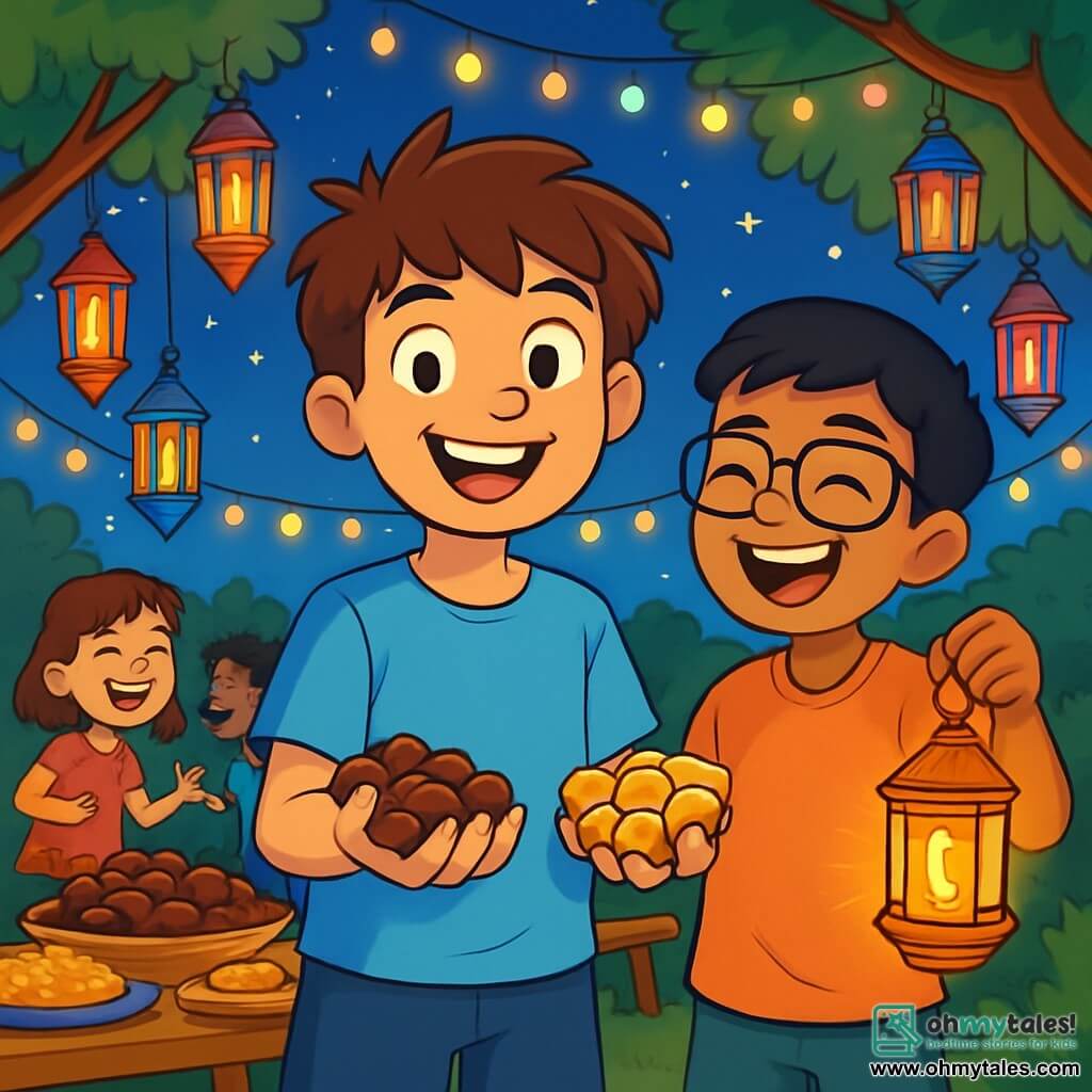 A 12-year-old boy, Amir, with tousled brown hair and sparkling curious eyes, stands at the center of the scene, a radiant smile on his face. He wears a light blue t-shirt and comfortable shorts, his hands full of dates and small cakes, ready to share. Next to him, Zayd, a 12-year-old boy with black hair and glasses, laughs joyfully, holding a shimmering golden lantern in his hand. They are in a vibrant garden filled with colorful lanterns hanging from the trees, illuminating the starry night. The scene exudes a festive and warm atmosphere, with string lights and tables laden with traditional dishes, while children laugh and play around them, creating a sense of joy and sharing during Ramadan.