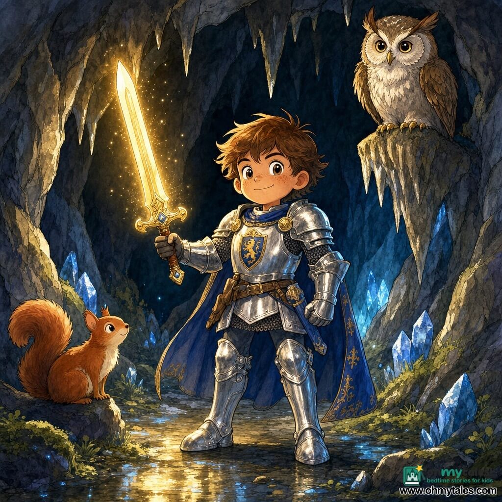 Sir Cedric, a boy knight, stands centered in a damp rocky cave, joyful and determined, in shiny silver armor with blue sheen, proudly raising a legendary sword that emits a soft golden glow; a small red squirrel sits on a rock near the entrance watching curiously, and an old wise owl perches on a stalactite above with folded wings and bright pearl‑like eyes; gray textured walls, stalactites and reflective puddles, the sword’s warm light illuminating blue crystals and green moss; centered composition, strong contrast between the golden glow and the cave’s bluish darkness, rendered in colored ink with crisp lines, soft washes and touches of sparkling gold.