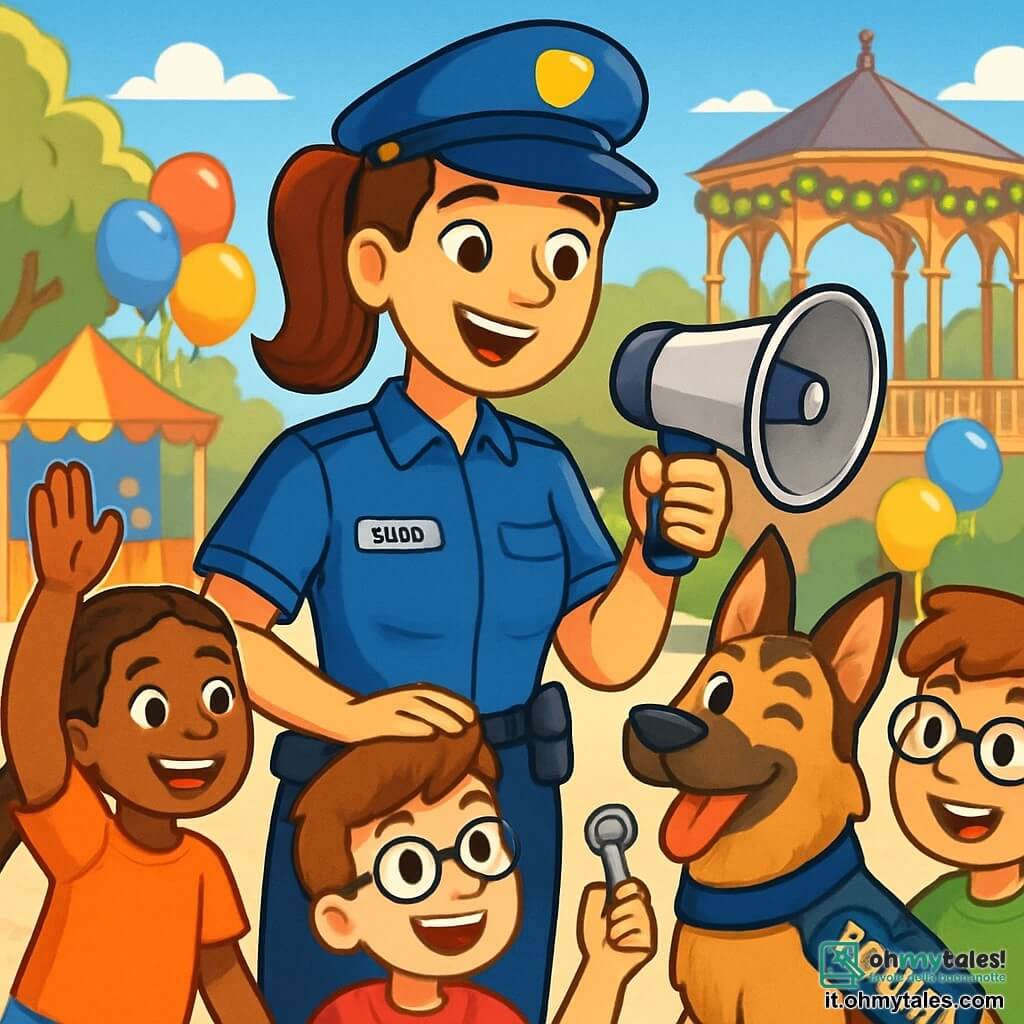 Una poliziotta sorridente di nome Giulia è al centro dell'immagine. È alta, con capelli castani raccolti in una coda di cavallo, indossa un'uniforme blu brillante che brilla al sole. Il suo viso è radioso di orgoglio e determinazione, e tiene un megafono in una mano mentre accarezza il suo fedele cane poliziotto, Rocky, un pastore tedesco dal pelo lucido, che le fa l'occhiolino. Intorno a lei, un gruppo di bambini entusiasti, di circa 8-10 anni, è radunato. Una ragazza con capelli intrecciati, di nome Sara, alza la mano con eccitazione, mentre un ragazzo di nome Filippo, con occhiali e un grande sorriso, tiene una chiave che ha appena trovato. I bambini indossano t-shirt colorate e pantaloni corti, e i loro volti sono illuminati dalla gioia e dalla curiosità. La scena si svolge in una piazza animata, decorata con palloncini colorati e stand di giochi. Alberi verdi circondano la piazza e un grande gazebo ornato di ghirlande di fiori si erge sullo sfondo, creando un'atmosfera festosa e accogliente. Giulia spiega ai bambini l'importanza della sicurezza e delle regole, incoraggiandoli a partecipare a un gioco d'inchiesta. I bambini sono affascinati, pronti a risolvere il mistero insieme, e l'atmosfera è piena di energia ed entusiasmo.