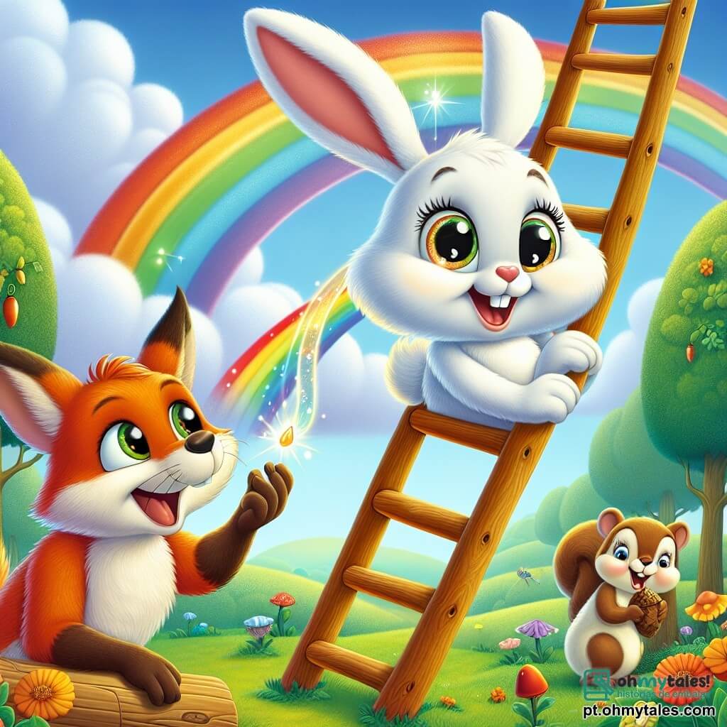 Pompom, um coelhinho de grandes orelhas e pelagem branca brilhante, está empoleirado em uma escada mágica que se eleva em direção a um arco-íris colorido, com um grande sorriso de empolgação no rosto. Seus olhos brilham de determinação enquanto ele estende uma pata para pegar uma gota cintilante no topo do arco-íris. Ao lado dele, uma raposa astuta com pelagem laranja e olhos travessos observa Pompom com admiração, pronta para incentivá-lo. Um esquilo travesso, com uma pequena cauda peluda e avelãs nas patas, está sentado na base da escada, rindo e aplaudindo seu amigo entusiasticamente. O cenário é um lindo céu azul pontilhado de nuvens brancas, enquanto abaixo se estende uma paisagem verdejante de flores coloridas e árvores majestosas, criando uma atmosfera alegre e mágica. A cena principal mostra Pompom subindo corajosamente a escada mágica, pronto para enfrentar o desafio impossível de alcançar a gota do arco-íris, cercado por seus amigos que o incentivam com sorrisos e risadas.
