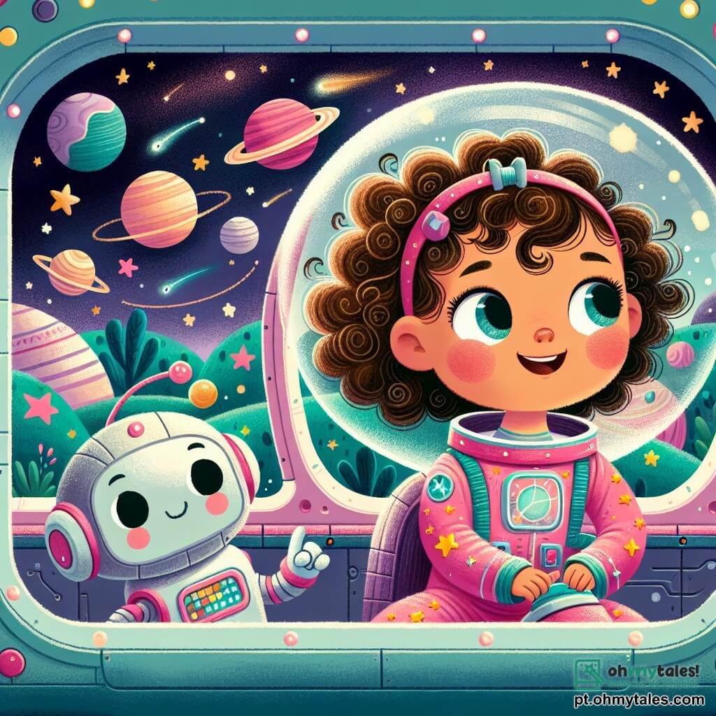Luna, uma jovem com cabelos cacheados e brilhantes, sorri maravilhada enquanto observa pela grande janela da nave Azulinha. Ela veste um traje espacial rosa com estrelas cintilantes. Ao seu lado, um robô amigável, com corpo prateado e olhos brilhantes, ajusta os comandos da nave, exibindo uma expressão alegre. Ao fundo, vê-se uma paisagem espacial repleta de planetas coloridos, estrelas cintilantes e uma nebulosa roxa. A nave flutua suavemente no espaço, pronta para explorar novos mundos. Luna, empolgada, aponta para um planeta verde e suave que parece perfeito para brincar e descansar.