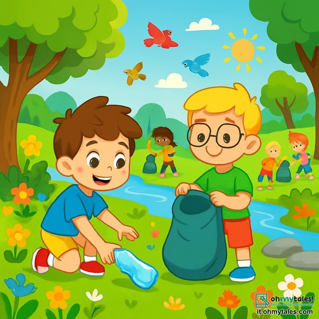 Ci sono 2 personaggi principali: Luca, un bambino di 5 anni con capelli castani disordinati, che indossa una maglietta blu e pantaloni gialli, accovacciato e sorridente mentre raccoglie una bottiglia di plastica; e Marco, un bambino di 5 anni con capelli biondi e occhiali rotondi, vestito con una maglietta verde e pantaloni rossi, in piedi accanto a Luca con un grande sacco della spazzatura, pronto a mettere dentro la bottiglia. La scena si svolge in una bella riserva naturale, piena di alberi verdi, fiori colorati e un lago scintillante. Luca e Marco lavorano insieme per pulire la riserva, circondati da altri bambini che li aiutano a raccogliere rifiuti, tutti sorridenti e felici, celebrando il loro amore per la natura.