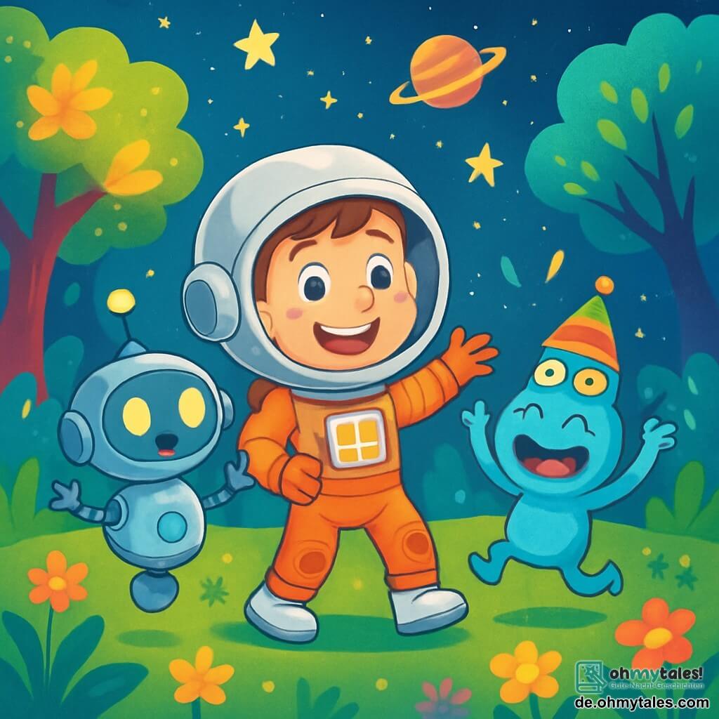 Ein Astronaut namens Ben, lächelnd und begeistert, trägt einen großen silbernen Raumhelm und einen glänzenden Anzug. Er steht auf dem grünen Boden eines fremden Planeten. Seine Augen funkeln vor Aufregung, während er seine Umgebung beobachtet. Neben ihm schwebt ein kleiner Roboter namens Robi, mit einem runden Körper und leuchtenden Augen, fröhlich und mit kleinen Freudenpiepsen. Etwas weiter tanzt ein kleines blaues Wesen namens Tiko, mit drei Augen und einem bunten Hut, um sie herum, lacht und schwenkt seine Arme. Die Landschaft ist magisch, mit Bäumen mit leuchtenden Blättern und bunten Blumen, die unter einem sternenklaren Himmel strahlen. Funkelnde Sterne und farbige Planeten sind in der Ferne sichtbar und schaffen eine märchenhafte Atmosphäre. Die Hauptsituation zeigt Ben, Robi und Tiko, die zusammen feiern, umgeben von strahlenden Lichtern und freundlichen Kreaturen, nachdem sie ein Rätsel über das Verschwinden der Lichter im Wald gelöst haben.