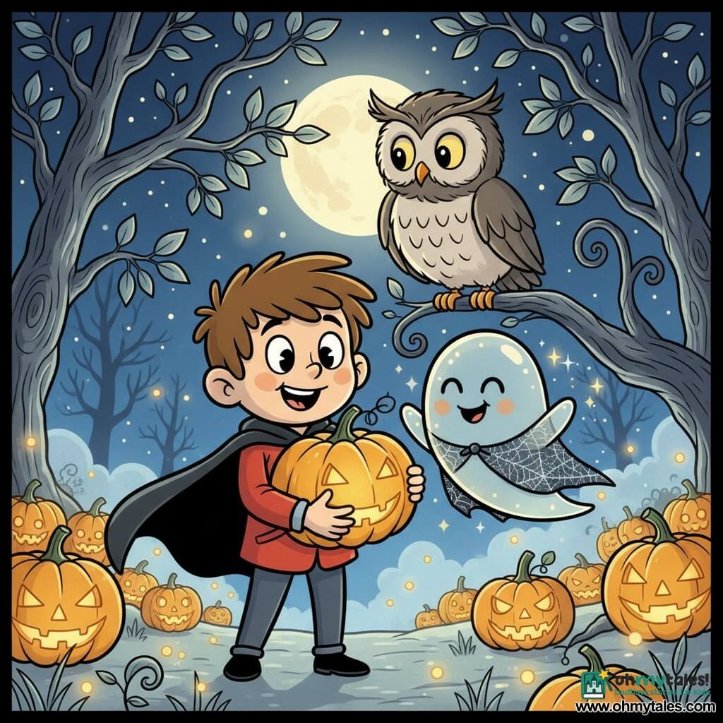 The main character is a 10-year-old boy with messy brown hair, round curious eyes and an amazed smile, holding a large glowing golden pumpkin to his chest, wearing a red jacket and a slightly billowing black cape; a small friendly translucent ghost with a round cute shape, a mischievous smile, button black eyes and a shiny spiderweb cape floats to his right, scattering tiny sparks; behind them a large anthropomorphic owl with gray feathers and piercing yellow eyes perches on a low branch, watching benevolently; the setting is a nighttime Halloween forest glade with twisted trees and silver leaves, rows of carved pumpkins casting warm orange-gold light, low mist and floating fireflies; the scene shows the boy and ghost discovering the lost pumpkin in a warm, magical atmosphere with strong contrast between the pumpkin’s golden glow and the deep blue starry sky, rounded retro cartoon proportions, saturated colors, smooth textures and thick black ink outlines.