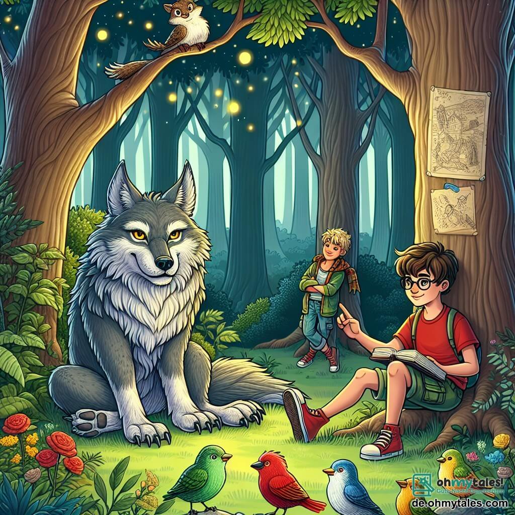 Im Zentrum des Bildes sitzt der **große böse Wolf**, ein majestätisches Tier mit grauem Fell und durchdringenden gelben Augen, unter einem großen Baum, umgeben von bunten kleinen Vögeln, die ihm aufmerksam zuhören. Zu seiner Rechten steht **Jonas**, ein 11-jähriger Junge mit zerzausten braunen Haaren und einem mutigen Lächeln, der ein rotes T-Shirt und eine Jeansshorts trägt und eine Schatzkarte in den Händen hält. Zu seiner Linken ist **Max**, ebenfalls 11 Jahre alt, mit blonden Haaren und einer Brille, der etwas in ein Notizbuch zeichnet, gekleidet in ein blaues T-Shirt und Cargo-Hosen. Schließlich steht **Paul**, der Vorsichtigste der Gruppe, ein 11-jähriger Junge mit kastanienbraunen Haaren und grünen Augen, leicht im Hintergrund mit verschränkten Armen, trägt einen grünen Pullover und Jeans und beobachtet die Szene neugierig. Der Ort ist ein **sanftes, magisches Licht**, eine grüne Lichtung im Herzen eines dichten Waldes, wo große Bäume mit knorrigen Stämmen gen Himmel ragen und ihre Blätter ein grünes Dach bilden. Bunte Blumen sprenkeln den Boden, und Sonnenstrahlen filtern durch die Äste und erzeugen Lichtmuster auf dem Gras. Die Hauptsituation zeigt den **großen bösen Wolf**, der mit beruhigendem Blick seine Geschichte den **drei Jungen** erzählt, während die Vögel um sie herum singen. Die Jungen hören fasziniert und neugierig zu, bereit, die Wahrheit hinter der Legende des Wolfes zu entdecken.