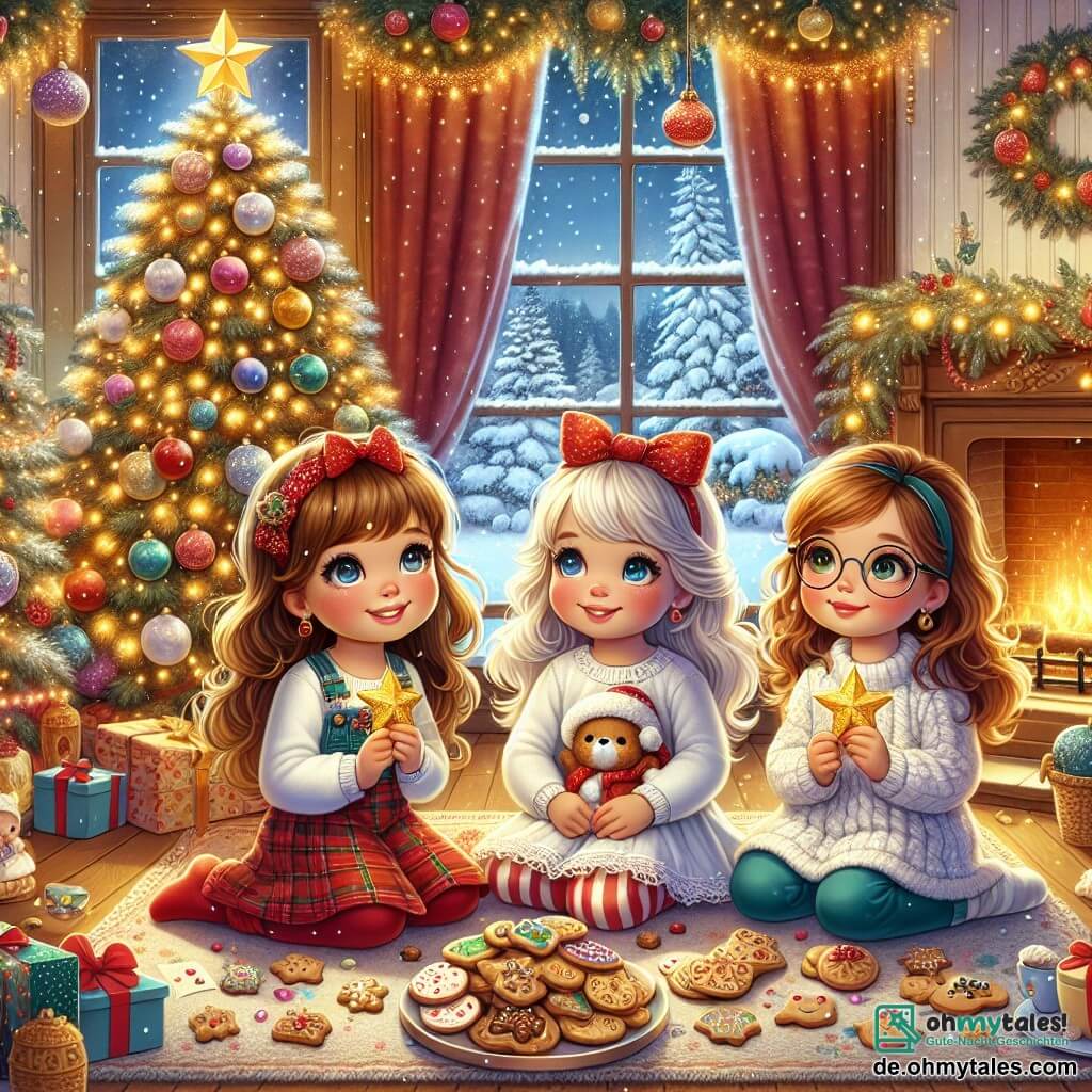 Drei kleine Mädchen, Mia, Leni und Clara, sind in einem gemütlichen, weihnachtlich dekorierten Wohnzimmer versammelt. Mia, ein 8-jähriges Mädchen mit braunen Haaren und strahlenden Augen, steht neben dem großen Weihnachtsbaum und hält einen goldenen Stern in der Hand. Leni, ein 7-jähriges Mädchen mit blonden Haaren und rosigen Wangen, sitzt auf dem Teppich, umgeben von köstlichen Weihnachtsplätzchen, mit einem strahlenden Lächeln im Gesicht. Clara, ein 6-jähriges Mädchen mit kastanienbraunen Haaren und runden Brillen, schaut fasziniert aus dem Fenster auf den sanft fallenden Schnee. Das Wohnzimmer ist voller funkelnder Lichter, bunter Girlanden und eines großen Baums, der mit glänzenden Kugeln und einem goldenen Stern an der Spitze geschmückt ist. Ein Feuer knistert im Kamin und schafft eine warme Atmosphäre. Draußen tanzen Schneeflocken und bedecken den Garten mit einem weißen Mantel. Die drei Freundinnen teilen einen magischen Moment und träumen von ihren Weihnachtswünschen, während der süße Duft frisch gebackener Plätzchen die Luft erfüllt.