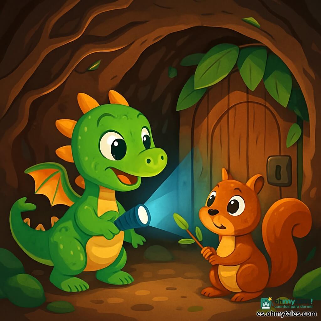 Un pequeño dragón verde llamado Lilo, con escamas brillantes y ojos llenos de curiosidad, explora un túnel oscuro, iluminado por su linterna mágica que emite una suave luz azul. Tiene una expresión de emoción en su rostro, con su cola moviéndose detrás de él. A su lado, una pequeña ardilla llamada Aria, con pelaje marrón y ojos vivos, mira a su alrededor con asombro, sosteniendo una pequeña rama entre sus patas. Se encuentran en un túnel estrecho, rodeado de raíces de árboles retorcidas y piedras cubiertas de musgo, con destellos de luz filtrándose a través de las grietas. La escena principal muestra a Lilo y Aria descubriendo una antigua puerta de madera, oculta detrás de hojas, simbolizando el comienzo de una aventura mágica y misteriosa.