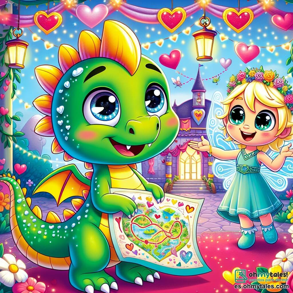 Un pequeño dragón verde llamado Drilo, con escamas brillantes y ojos chispeantes de curiosidad, se encuentra en el centro de la escena, con una sonrisa tímida en su rostro. Sostiene un mapa colorido entre sus garras, rodeado de corazones de papel que flotan a su alrededor. A su derecha, una pequeña hada llamada Lila, con alas translúcidas y cabello dorado, sonríe alegremente sosteniendo una corona de flores. Ella está llena de entusiasmo y parece animar a Drilo con gestos amistosos. Al fondo, una escuela mágica está decorada con guirnaldas de corazones y farolillos brillantes, con árboles en flor y un cielo azul claro. Criaturas fantásticas bailan y ríen, añadiendo un ambiente festivo a la escena. Drilo, dudoso pero feliz, extiende su mapa a sus amigos, descubriendo el placer de compartir y celebrar la amistad en esta fiesta de San Valentín.