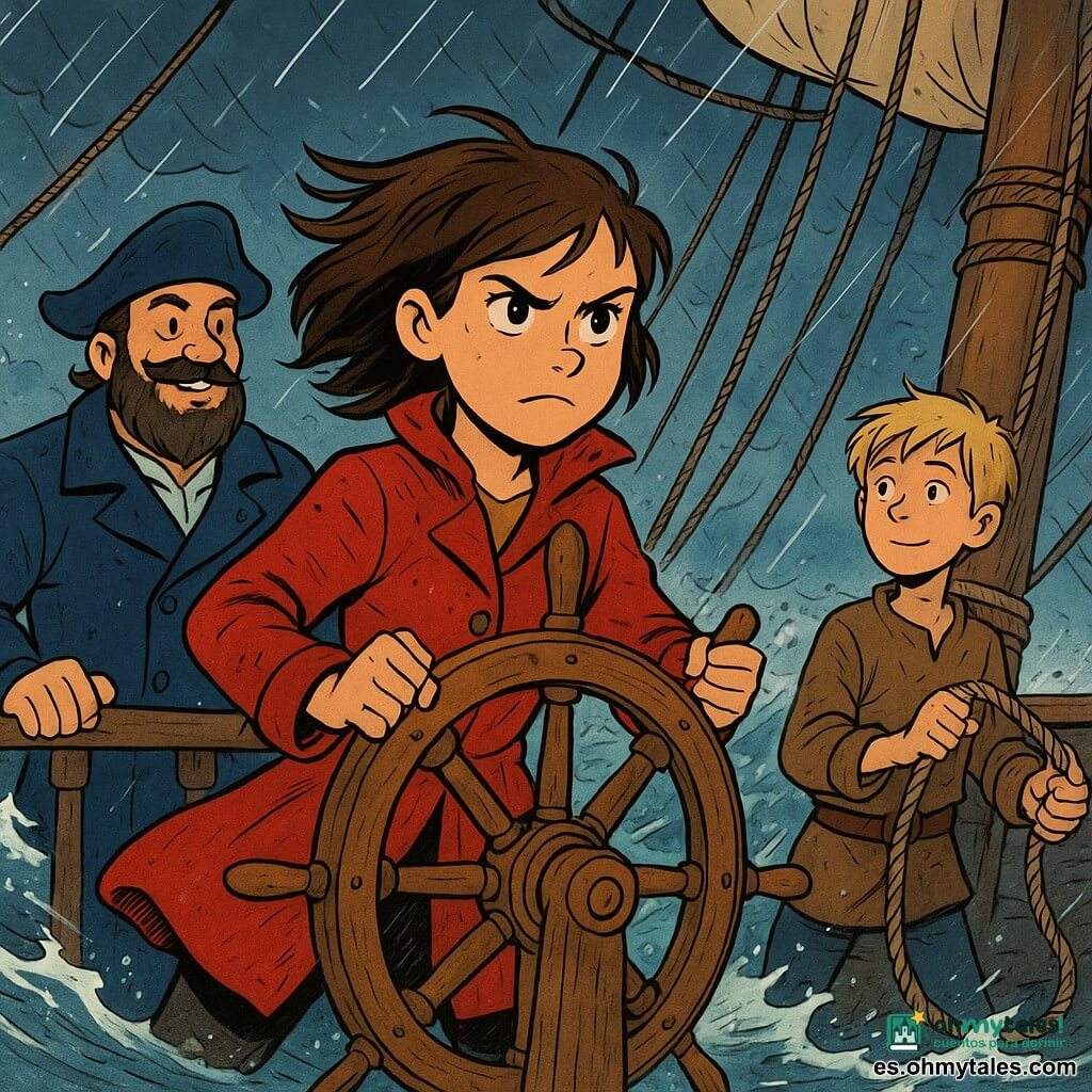 Elena, joven pirata, rostro decidido y ojos concentrados, pelo castaño despeinado, abrigo rojo arrugado, sujeta con firmeza el gran timón de madera; Juan, capitán adulto con barba espesa y sonrisa contenida, está a estribor detrás, mano en la barandilla, mirada orgullosa y protectora con abrigo azul marino; Pablo, grumete adolescente de pelo rubio corto, admira a Elena mientras sujeta una cuerda mojada junto al mástil a babor; cubierta de madera húmeda y brillante, cabos gruesos enmarañados, velas parcialmente arriadas, faroles amarillos con un cálido resplandor, olas altas y salpicaduras; escena de Elena enfrentando una tormenta, gobernando la nave bajo lluvia y viento con expresión heroica, composición dinámica con ángulos inclinados y fuerte contraste entre el cielo tempestuoso y la luz de los faroles.