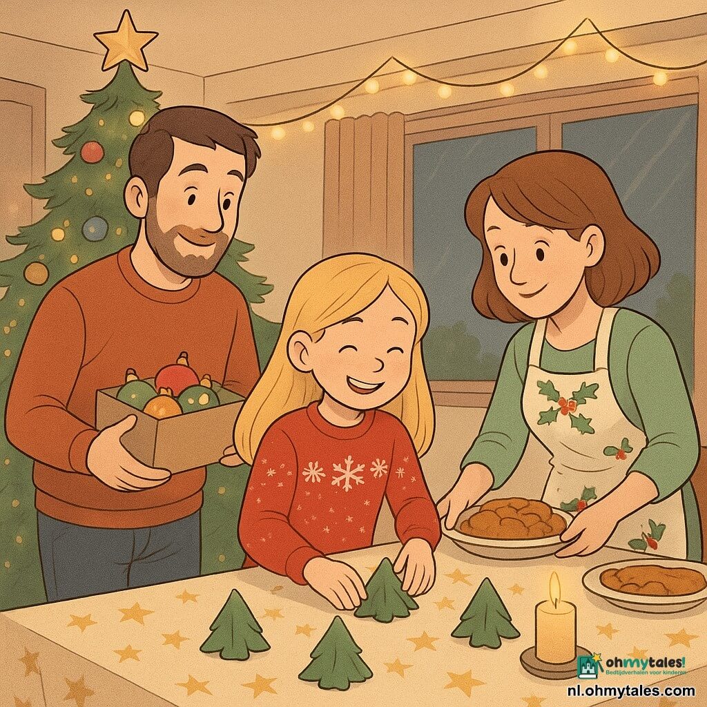 Lisa, een 8-jarig meisje met lang blond haar en sprankelende ogen, glimlacht terwijl ze servetten in de vorm van kleine kerstbomen op tafel legt. Ze draagt een rode trui met sneeuwvlokmotieven. Haar vader, een man van ongeveer 35 jaar met bruin haar en een lichte baard, staat naast haar met een doos kerstversieringen. Hij kijkt trots naar Lisa. Haar moeder, een vrouw van ongeveer 33 jaar met kastanjebruin haar en een schort met hulstmotieven, legt smakelijke gerechten op tafel. Ze staat aan de andere kant van de tafel en kijkt liefdevol naar Lisa. De scène speelt zich af in een warme woonkamer, versierd met lichtslingers en een grote kerstboom die in de hoek schittert. De tafel is bedekt met een tafelkleed met gouden sterren en flikkerende kaarsen zorgen voor een zachte gloed. De hoofdsituatie toont Lisa, stralend van geluk, terwijl ze de tafel voorbereidt voor het kerstdiner, omringd door haar ouders die haar helpen en aanmoedigen, wat een feestelijke en familiale sfeer creëert.