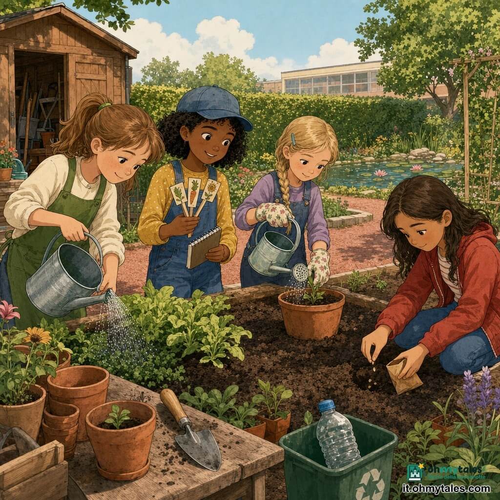 Quattro bambine: Sofia, 9 anni, pelle chiara, capelli castano chiaro raccolti in coda, con un grembiule verde versa poche gocce d'acqua a sinistra; Amina, 10 anni, pelle olivastra, capelli neri ricci corti, con un cappellino blu tiene etichette disegnate e un taccuino, centro-sinistra; Giulia, 8 anni, pelle molto chiara, capelli biondi intrecciati, con guanti a fiori annaffia delicatamente un vaso con un piccolo annaffiatoio, centro-destra; Lara, 9 anni, pelle olivastra, capelli castani sciolti, con una giacca rossa tiene una bustina di semi che sta interrando, a destra. In un piccolo giardino scolastico soleggiato con sentiero di ghiaia rossa, siepe verde, uno stagno con ninfee sullo sfondo, una casetta attrezzi in legno a sinistra e vasi di terracotta su un tavolo davanti; terreno fresco, qualche ombra di foglie e cielo azzurro. Le bambine piantano erbe aromatiche e fiori: mani che mettono semi, sottili gocce d'acqua che bagnano la terra, una bottiglia di plastica raccolta accanto a un piccolo bidone per il riciclo con un'etichetta; atmosfera dolce, gesti attenti, colori caldi e texture di terra, tessuti e legno ben visibili.