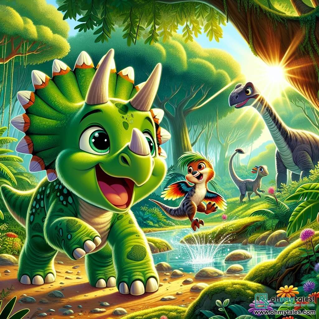 Trixie, a young triceratops with green scales and a large frilled collar, is filled with curiosity and excitement as she looks around the jungle. Her three horns are prominent, and she stands near a sparkling stream, her eyes sparkling with enthusiasm. Beside her, Spike, a small colorful-feathered velociraptor with bright eyes, joyfully runs, leaving tracks in the soft jungle soil. Bella, a large long-necked brachiosaurus, bends down to grab leaves from the trees, watching her friends with a kind smile. 

The scene takes place in a lush jungle with giant trees reaching towards the sky and vibrant flowers scattered on the ground, creating a lively and cheerful picture. Sunlight filters through the foliage, bathing the scene in golden light. 

In this illustration, Trixie and her friends are exploring, searching for a legendary ally who could help protect their jungle from an impending storm.