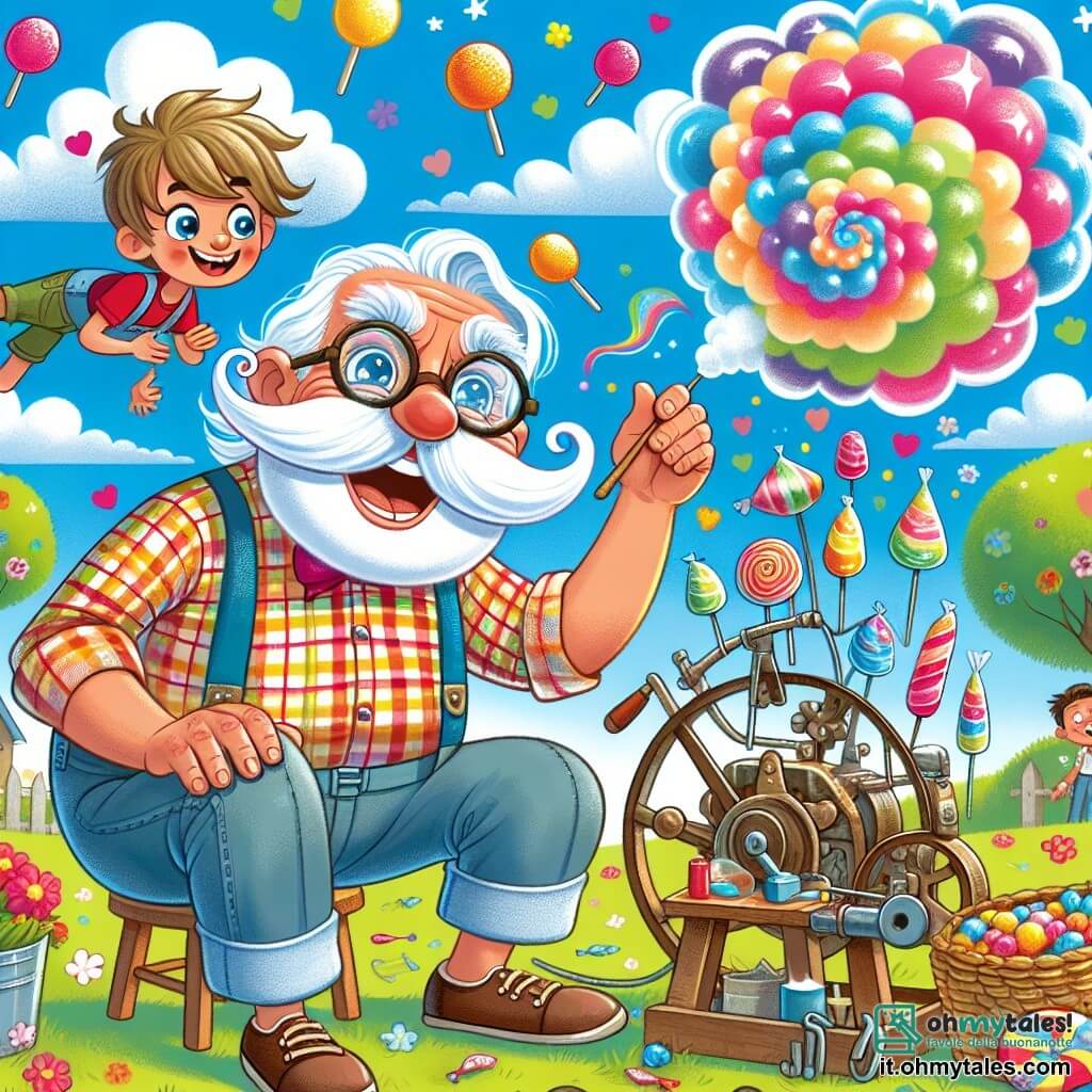 Un uomo anziano, Nonno Pippo, con un grande baffo bianco e occhiali rotondi, sorride felicemente mentre tiene in mano una macchina stravagante fatta di pezzi eterogenei, come una vecchia sedia e una ruota di bicicletta. Indossa una camicia a quadri colorata e pantaloni di tela, e i suoi occhi brillano di eccitazione. Accanto a lui, un giovane ragazzo di nome Pino, di circa 8 anni, con capelli castani spettinati e una maglietta rossa, osserva la macchina con meraviglia, con le braccia incrociate e un grande sorriso sul viso. Si trovano in un giardino soleggiato, pieno di fiori colorati e alberi verdi, con un cielo blu punteggiato di nuvole bianche. La scena principale mostra Nonno Pippo e Pino mentre fanno esplodere nuvole di zucchero filato colorato nel cielo, creando un'atmosfera magica e gioiosa in cui i bambini del villaggio corrono per catturare le dolci nuvole.