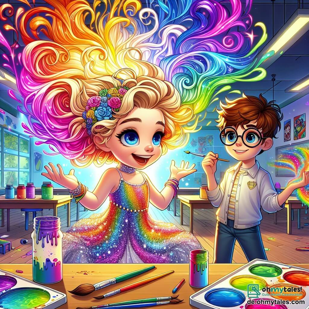 Im Zentrum des Bildes steht Lilly, ein Mädchen mit lockigen, bunten Haaren, umgeben von lebhaften Farben, die um sie wirbeln. Sie trägt ein glitzerndes Kleid mit Regenbogenmustern, und ihr Gesicht strahlt vor Freude mit einem breiten Lächeln und funkelnden Augen. Rechts von ihr schaut Max, ein 10-jähriger Junge mit runden Brillen und zerzausten braunen Haaren, bewundernd zu Lilly. Er hält in einer Hand einen Pinsel und in der anderen einen Farbtopf, bereit, ihr zu helfen, ein farbenfrohes Meisterwerk zu schaffen. Im Hintergrund findet die Szene in einem großen Klassenzimmer für Superhelden statt, mit Wänden, die mit Zeichnungen von Superhelden und leuchtenden Farben dekoriert sind. Tische sind mit Kunstmaterialien bedeckt, und bunte Lichtstrahlen erhellen den Raum. Die Hauptsituation zeigt Lilly, die lebendige Farben aus ihren Händen sprudeln lässt und den Raum in einen echten Regenbogen verwandelt, während Max sich darauf vorbereitet, mit ihr zu malen und gemeinsam ein fröhliches, lebendiges Kunstwerk zu schaffen.