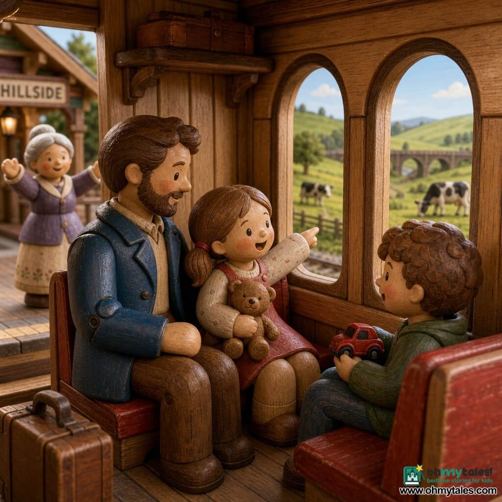 A smiling, wide-eyed 4-year-old girl with light brown hair in pigtails holds a small brown teddy and looks out the painted wooden train window while a curly-haired 4-year-old boy across from her plays "I spy" with a red toy car; a bearded man in his 30s in a blue coat sits beside the girl holding her hand and smiling gently, and an elderly woman with gray hair in a bun stands off the train on the miniature station with arms open; the stylized wooden carriage has red seats and oval windows showing green fields, cows and a distant bridge under a pale blue sky, with warm, soft light and visible sanded wood texture.