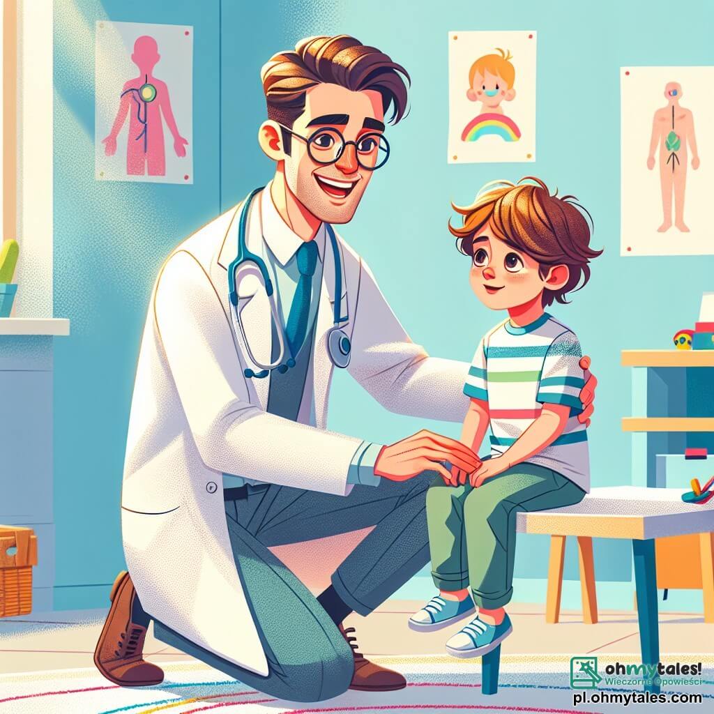Głównym bohaterem jest mężczyzna, doktor Michał, około trzydziestki, z szerokim uśmiechem i okrągłymi okularami. Ma na sobie nieskazitelnie białą odzież, stetoskop na szyi i niebieską apaszkę zawiązaną wokół szyi. Kuca obok małego chłopca, z ciepłym i uspokajającym wyrazem twarzy. Mały chłopiec, Kuba, ma około 6 lat, ma brązowe, potargane włosy i duże, ciekawe oczy. Siedzi na krześle, trzymając w rękach kolorowy rysunek, patrząc na doktora z mieszanką ekscytacji i obaw. Scena rozgrywa się w jasnej i przyjaznej klinice, z pastelowymi ścianami, edukacyjnymi plakatami o zdrowiu i zabawkami rozsypanymi po podłodze. Okno wpuszcza światło słoneczne, oświetlając pomieszczenie i tworząc ciepłą atmosferę. Główna sytuacja pokazuje doktora Michała, który bada Kubę, entuzjastycznie wyjaśniając, jak działa jego serce, podczas gdy mały chłopiec słucha uważnie, a na jego twarzy zaczyna pojawiać się uśmiech.