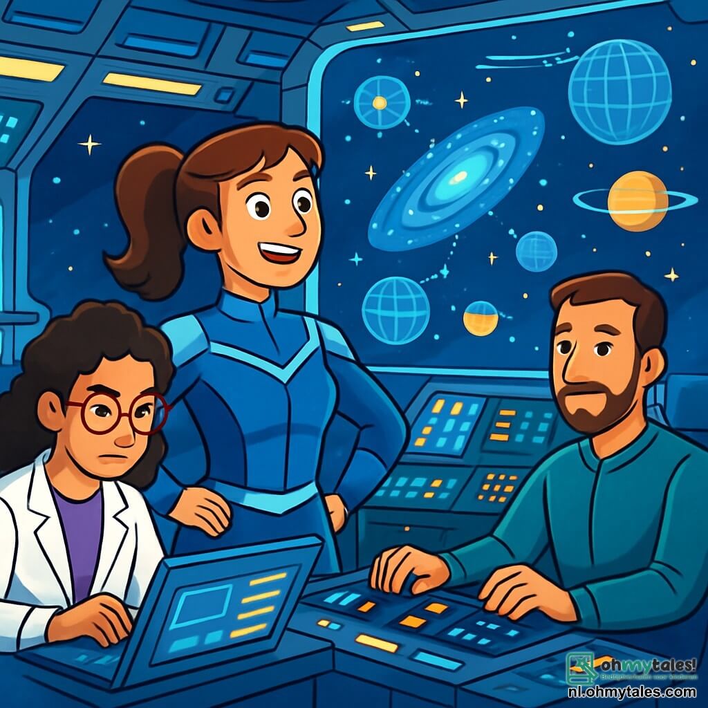 Nova, een vrouw van rond de dertig, staat in de commandocentrale van haar ruimteschip, met een vastberaden en opgewonden blik. Ze heeft bruin haar in een paardenstaart en een futuristisch blauw-zilver uniform dat schittert onder de lichten van de ruimte. Haar ogen stralen van anticipatie terwijl ze de hologrammen van de sterrenstelsels om zich heen bekijkt. Naast haar is Yara, een jonge vrouw van 25 met ronde brillen en krullend haar, gebogen over een scherm, haar handen snel op het toetsenbord. Ze draagt een witte laboratoriumjas en lijkt geconcentreerd, met gefronste wenkbrauwen. Max, een man van rond de dertig, zit aan de stuurconsole, zijn vingers dansen over de bedieningselementen. Hij heeft kort haar en een goed verzorgde baard, met een serieuze maar enthousiaste uitdrukking, klaar om naar het onbekende te navigeren. De futuristische commandocentrale is gevuld met knipperende lichten en zwevende hologrammen van sterren en planeten. De muren zijn van zilvermetaal en grote ramen bieden een spectaculair uitzicht op de zwarte ruimte vol fonkelende sterren. De hoofdsetting toont Nova en haar team die zich voorbereiden op een gedurfde reis naar een mysterieuze sterrenstelsel, omringd door geavanceerde technologieën, klaar om het onbekende te trotseren, met een voelbare sfeer van opwinding en aanstaande avontuur.