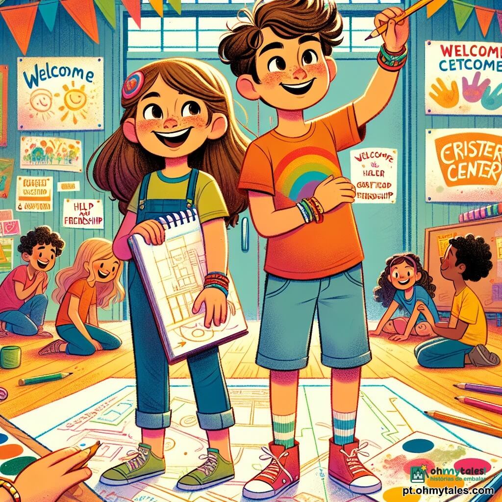 Uma menina de 10 anos, Lara, com longos cabelos castanhos e olhos cheios de curiosidade, está em pé, com um grande sorriso no rosto, segurando um lápis e um caderno de esboços. Ela veste uma camiseta colorida e um short de jeans, e suas mãos estão cobertas de manchas de tinta. Ao lado dela, um menino de 10 anos, Tiago, com cabelos cacheados e óculos, observa atentamente o caderno de Lara, com uma expressão concentrada e entusiasmada, segurando uma régua na mão. O ambiente é um centro comunitário animado, cheio de tendas coloridas, mesas com jogos e crianças rindo e brincando ao redor. Cartazes de boas-vindas estão pendurados nas paredes, e um grande painel indica "Ajuda e Amizade". A cena principal mostra Lara e Tiago desenhando um grande plano do centro, cercados por outras crianças curiosas que observam e fazem perguntas. A atmosfera é alegre e cheia de esperança, ilustrando a solidariedade e a ajuda mútua em um momento difícil.
