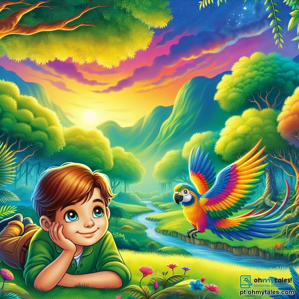 Um menino de 10 anos, Lucas, com olhos brilhantes e curiosos, está deitado em um gramado verde, com um grande sorriso tranquilo no rosto. Seus cabelos castanhos, levemente bagunçados, brilham sob os raios dourados do sol poente. Ao seu lado, um papagaio colorido com penas vibrantes em tons de azul, verde e amarelo dança graciosamente no ar, com suas asas cintilando como estrelas. O local é um lindo vale, cercado por grandes árvores com folhas verdes brilhantes, e um suave riacho murmura pacificamente nas proximidades. O céu é tingido de nuances de rosa e laranja, enquanto estrelas começam a aparecer, acrescentando um toque de magia à atmosfera. A cena principal mostra Lucas, relaxado e sereno, ouvindo o suave murmúrio do vento e o canto do papagaio, enquanto se deixa levar por um sentimento de paz e tranquilidade, pronto para mergulhar em um sono reparador.