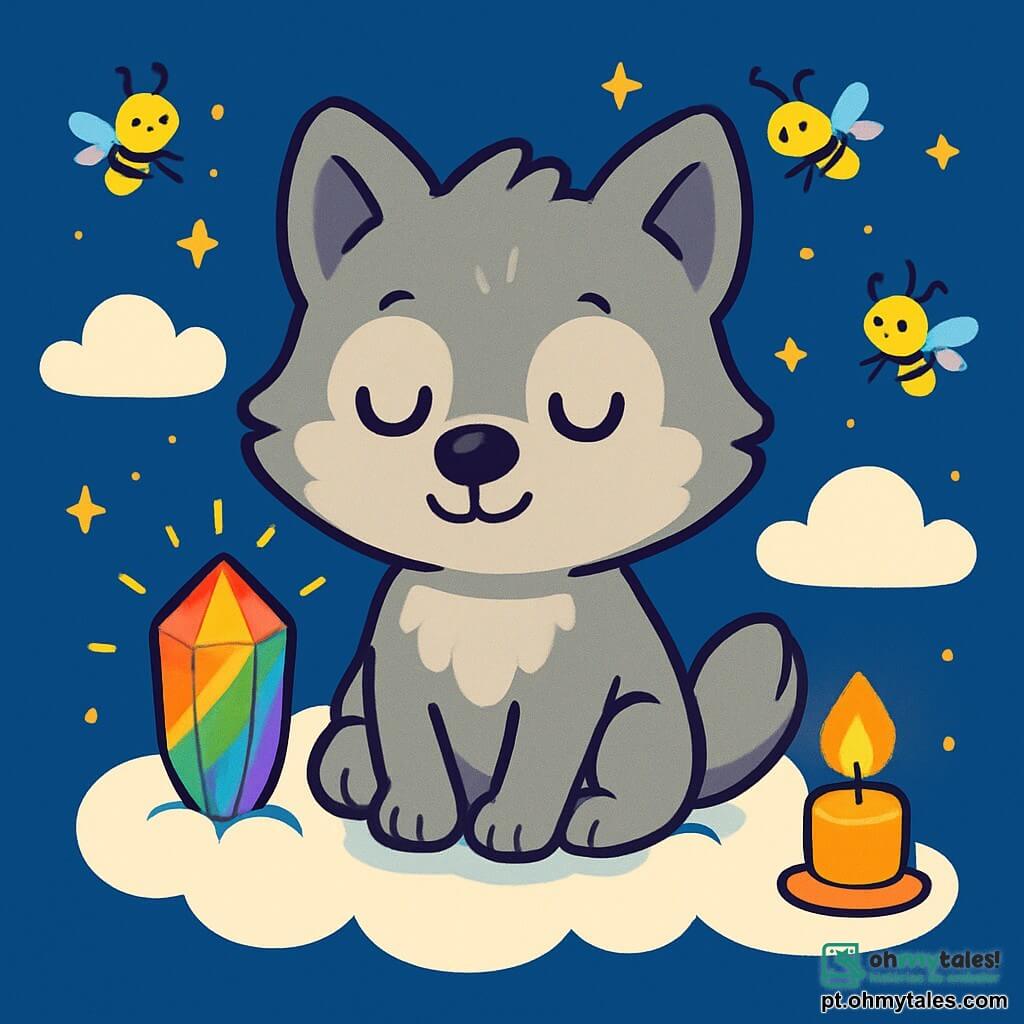 Um pequeno lobo com pelos suaves e prateados, grandes olhos brilhantes e um sorriso sereno, está sentado em uma nuvem macia, respirando calmamente com uma expressão de serenidade no rosto. Ao seu lado, um cristal cintilante com cores do arco-íris emite uma luz suave, enquanto uma pequena vela com uma chama dourada dança suavemente, criando uma atmosfera acolhedora. O céu é de um azul profundo, salpicado de nuvens brancas como algodão, e vagalumes luminosos voam ao redor, iluminando a paisagem com pequenas centelhas douradas. O pequeno lobo se deixa embalar pela melodia tranquilizadora do cristal, enquanto os vagalumes formam padrões no ar, acrescentando um toque mágico a esta cena pacífica.