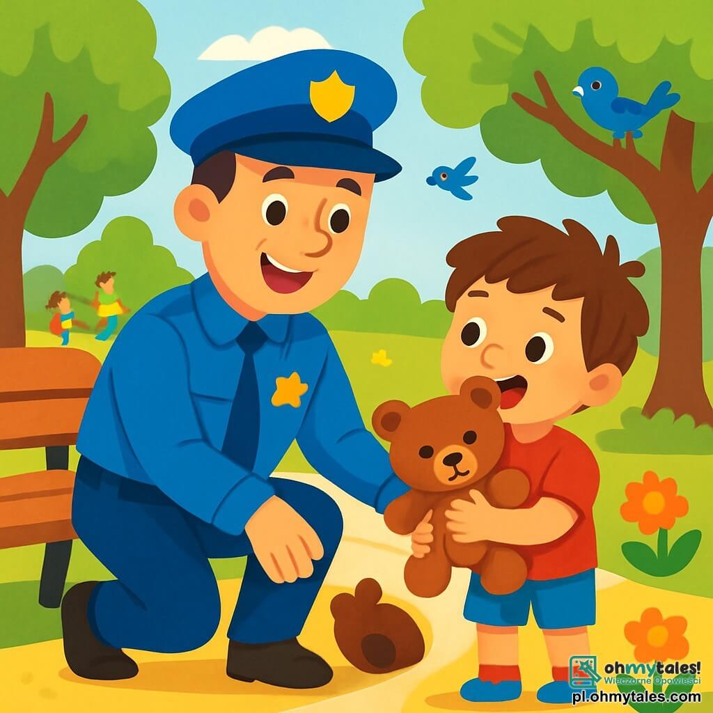 Policjant Marek stoi na słonecznym chodniku z szerokim, ciepłym uśmiechem i błyszczącymi od życzliwości oczami. Ma na sobie jasnoniebieski mundur, dopasowaną czapkę i błyszczący znaczek na piersi. Obok niego stoi pięcioletni chłopiec Jaś z rozczochranymi brązowymi włosami, ubrany w czerwoną koszulkę z rysunkiem dinozaura. Trzyma w ramionach pluszowego misia i z podziwem patrzy na policjanta. Scena rozgrywa się w tętniącym życiem parku z bujnymi zielonymi drzewami, drewnianymi ławkami i kolorowymi kwiatami. W oddali widać dzieci bawiące się i ptaki śpiewające na gałęziach. Policjant Marek podnosi pluszowego misia Jaśa, który był schowany pod ławką, podczas gdy chłopiec radośnie się uśmiecha, szczęśliwy, że odnalazł swojego cennego przyjaciela.
