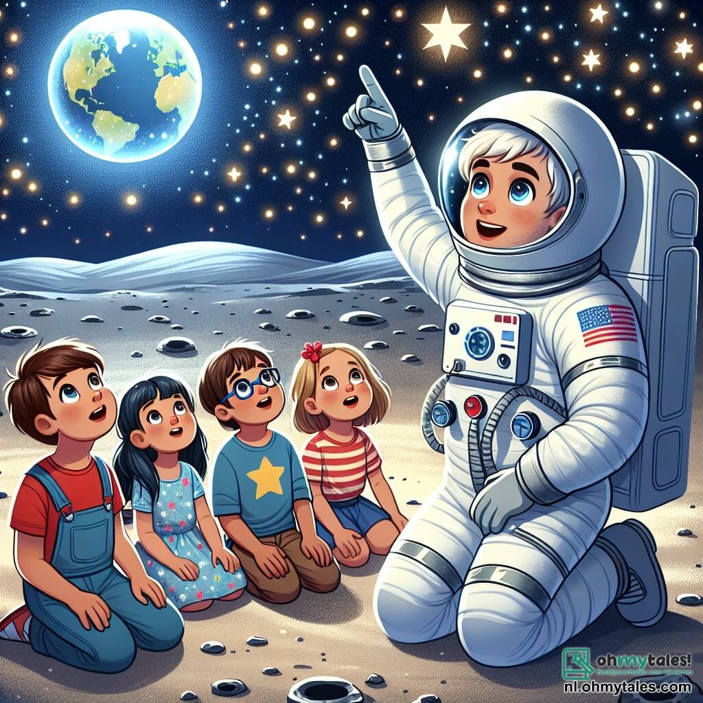 Een jonge man, Mark, is een glimlachende astronaut in een glanzend witte ruimtepak en een grote helm. Zijn ogen stralen van opwinding terwijl hij naar de sterrenhemel wijst, verwonderd door de schoonheid van het universum. Naast hem kijkt een groep kinderen, drie jongens en twee meisjes van ongeveer 8 tot 10 jaar, met bewondering. Een van de jongens draagt een bril en een rood T-shirt, terwijl een van de meisjes een blauwe jurk met sterren aan heeft. Ze zitten op de maanbodem, met hun ogen naar de lucht gericht. De scène speelt zich af op het maanoppervlak, met grijze kraters en fonkelende sterren op de achtergrond. De aarde is in de verte zichtbaar, zwevend in de ruimte. Mark legt de kinderen de schoonheid van de sterren uit en moedigt hen aan om groot te dromen en het universum te verkennen, terwijl ze samen een moment van vreugde en verwondering delen onder de nachtelijke hemel.